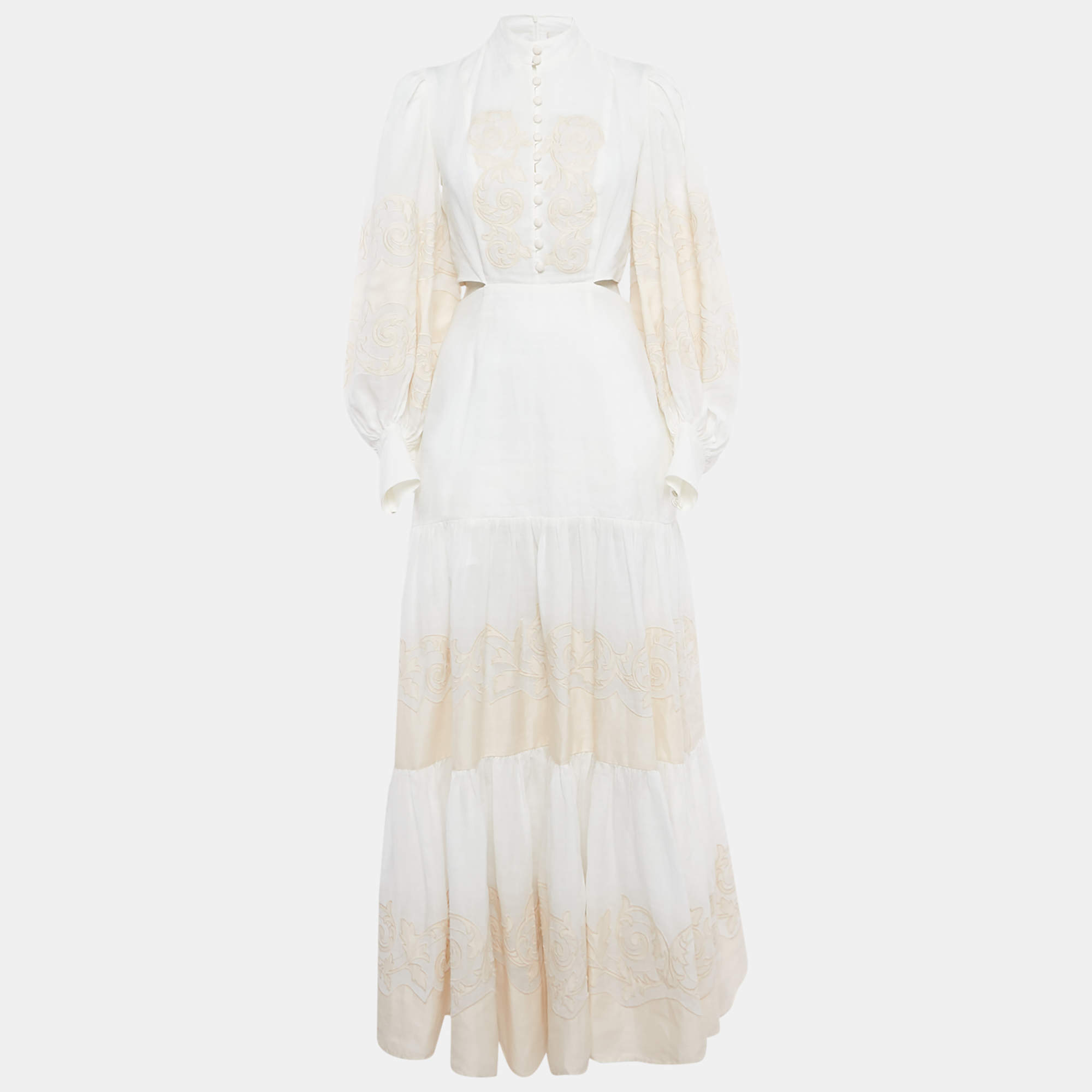 Pre Owned Alemais Off-White Applique Detail Linen Cut-Out Maxi Dress M