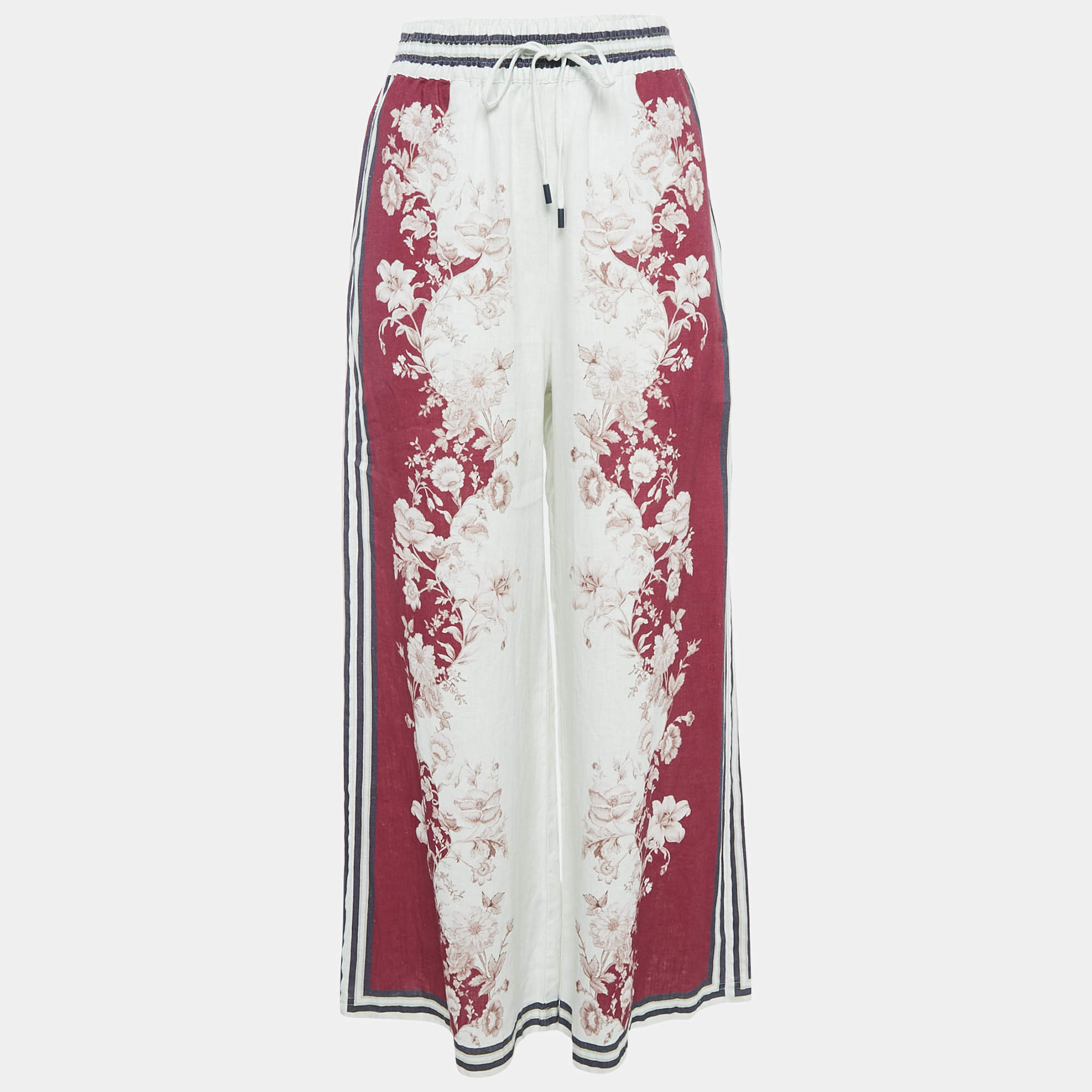 Alemais Blue Floral Print Linen Wide-leg Pants S