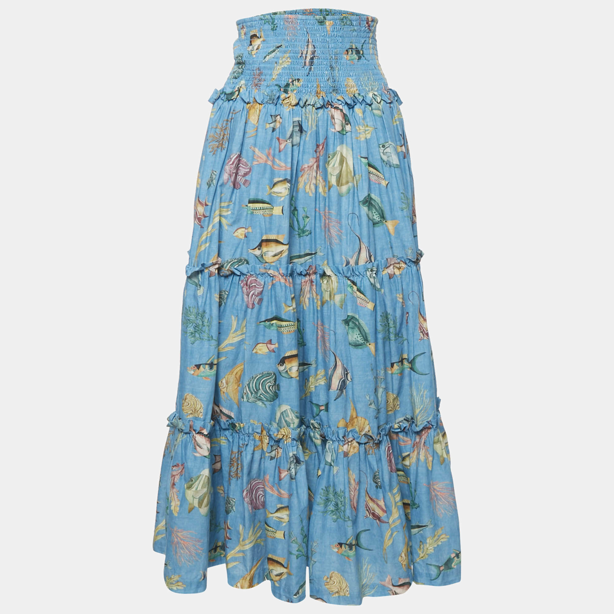 Pre Owned Alemais Blue Fish Print Cotton Tiered Maxi Skirt M