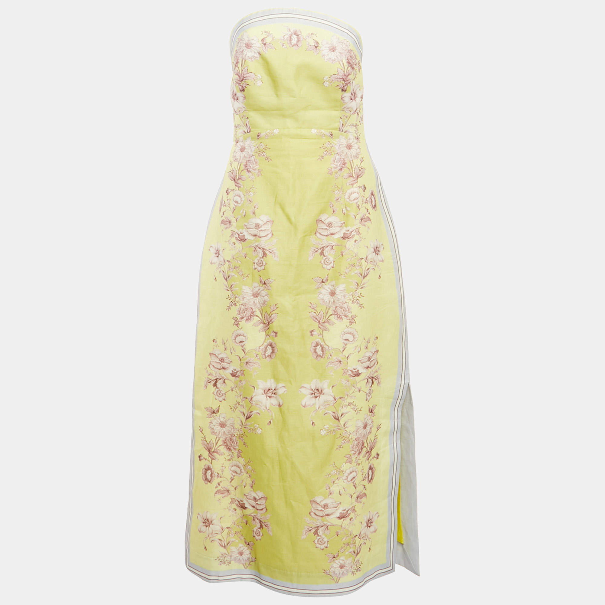 Pre Owned Alemais Green Floral Print Silk Blend Strapless Midi Dress M