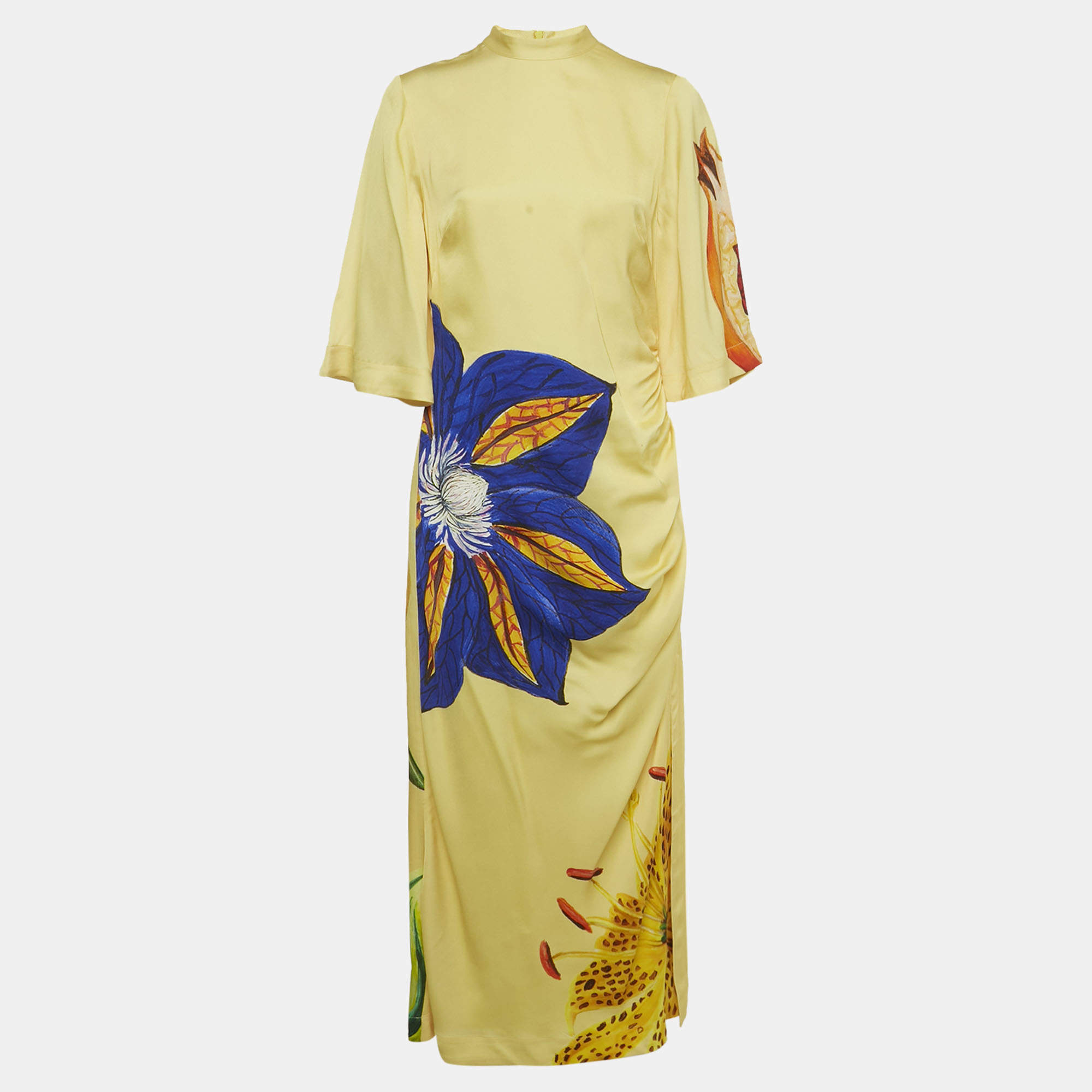 Pre Owned Alemais Lemon Yellow Floral Print Satin Maxi Dress M