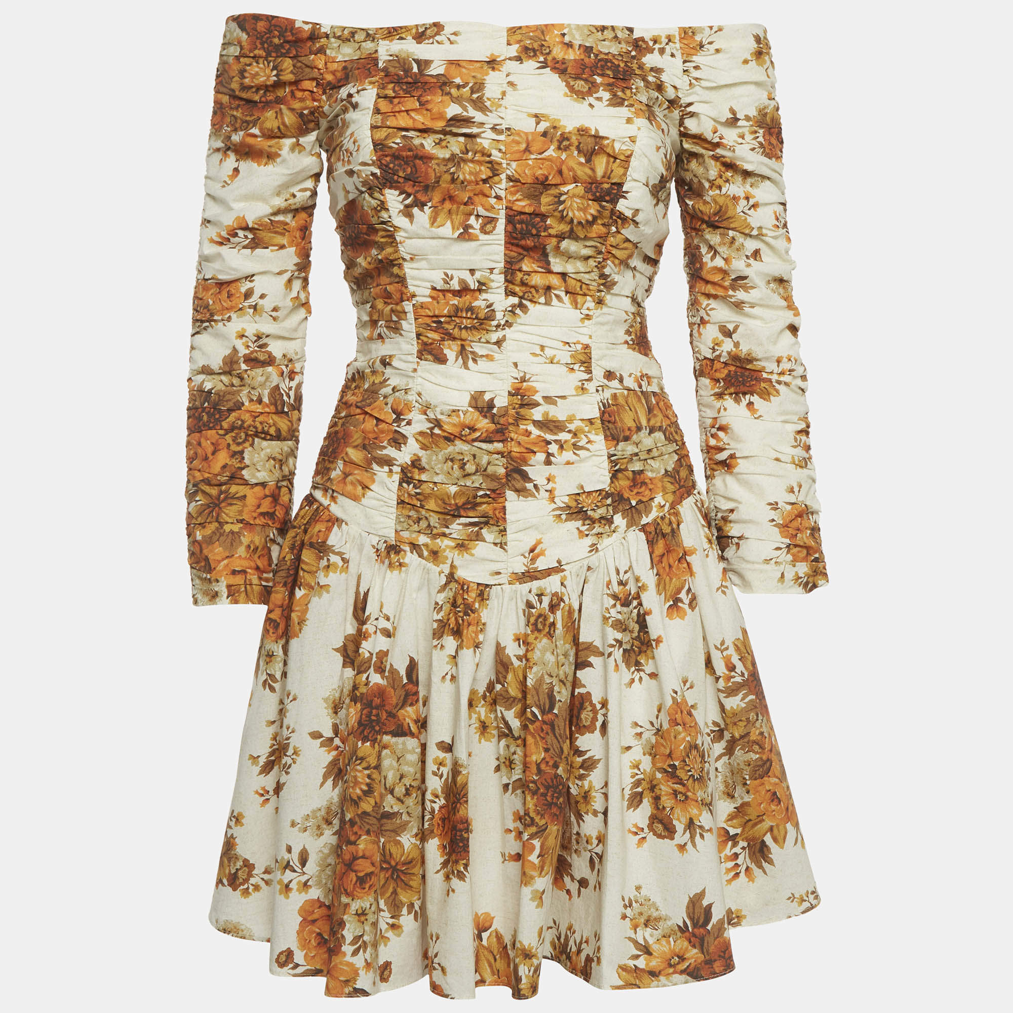 Pre Owned Alemais Cream Floral Printed Cotton Ruched Derby Mini Dress M