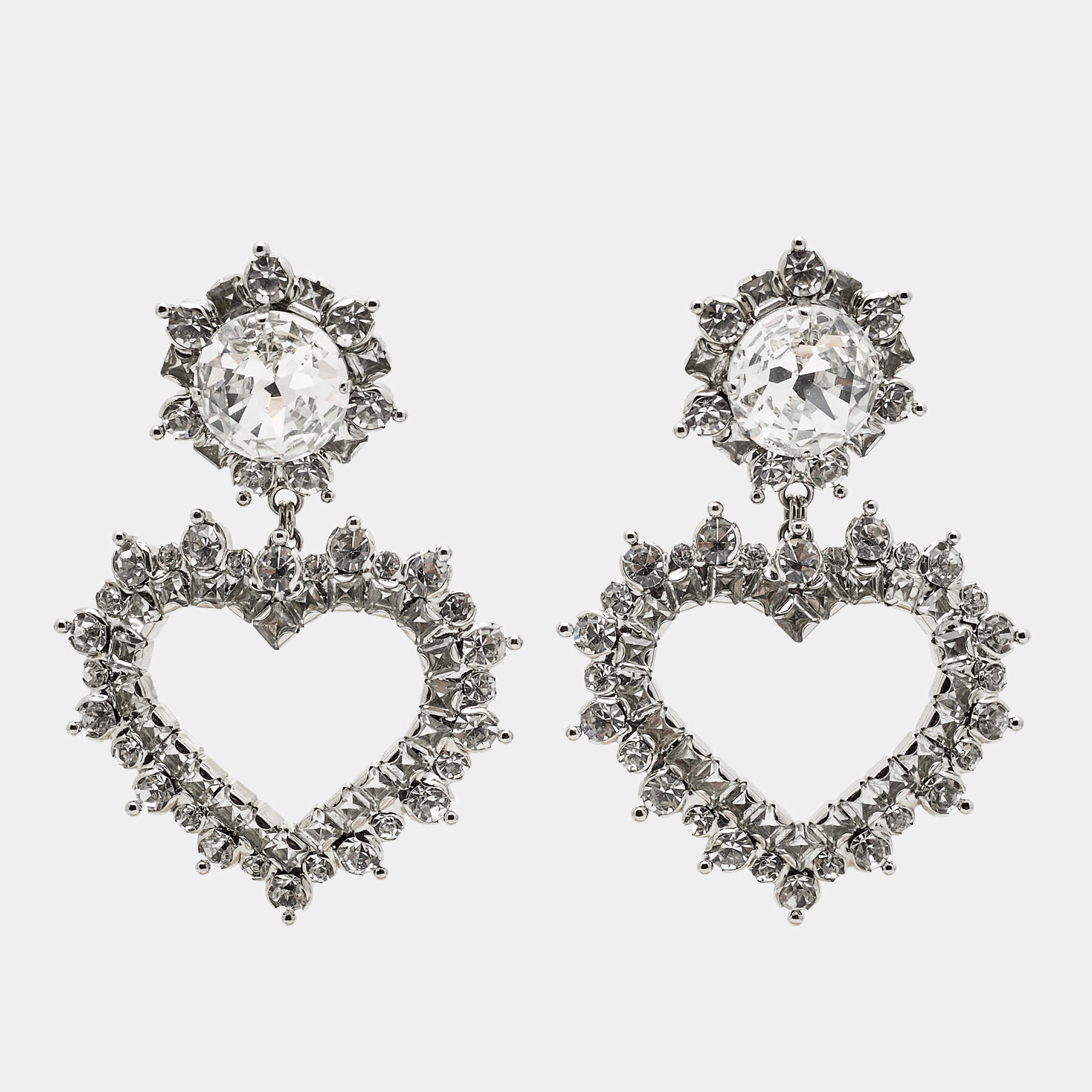 Pre Owned Alessandra Rich Heart Crystals Silver Tone Earrings