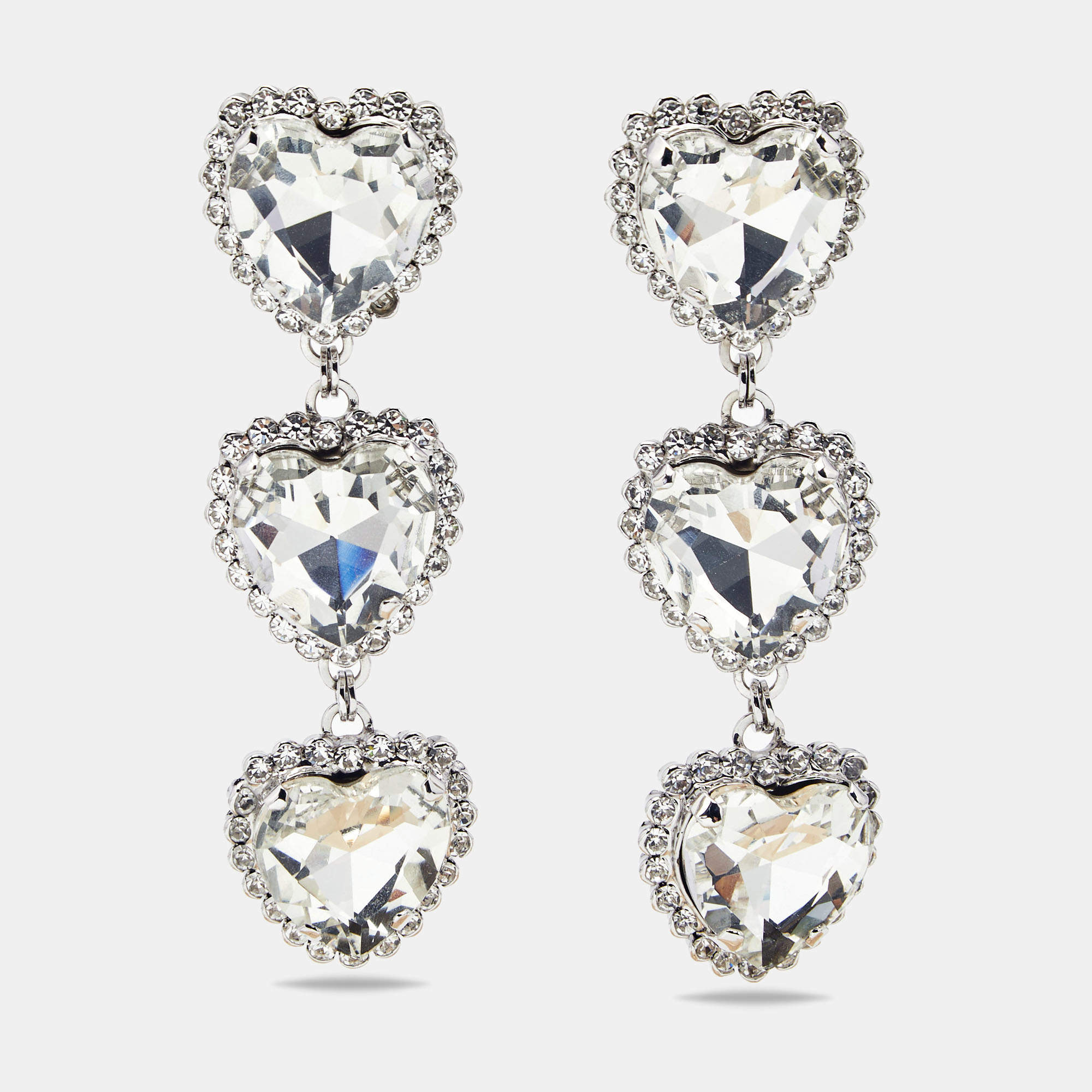 Pre Owned Alessandra Rich Hearts Crystals Silver Tone Drop Earrings