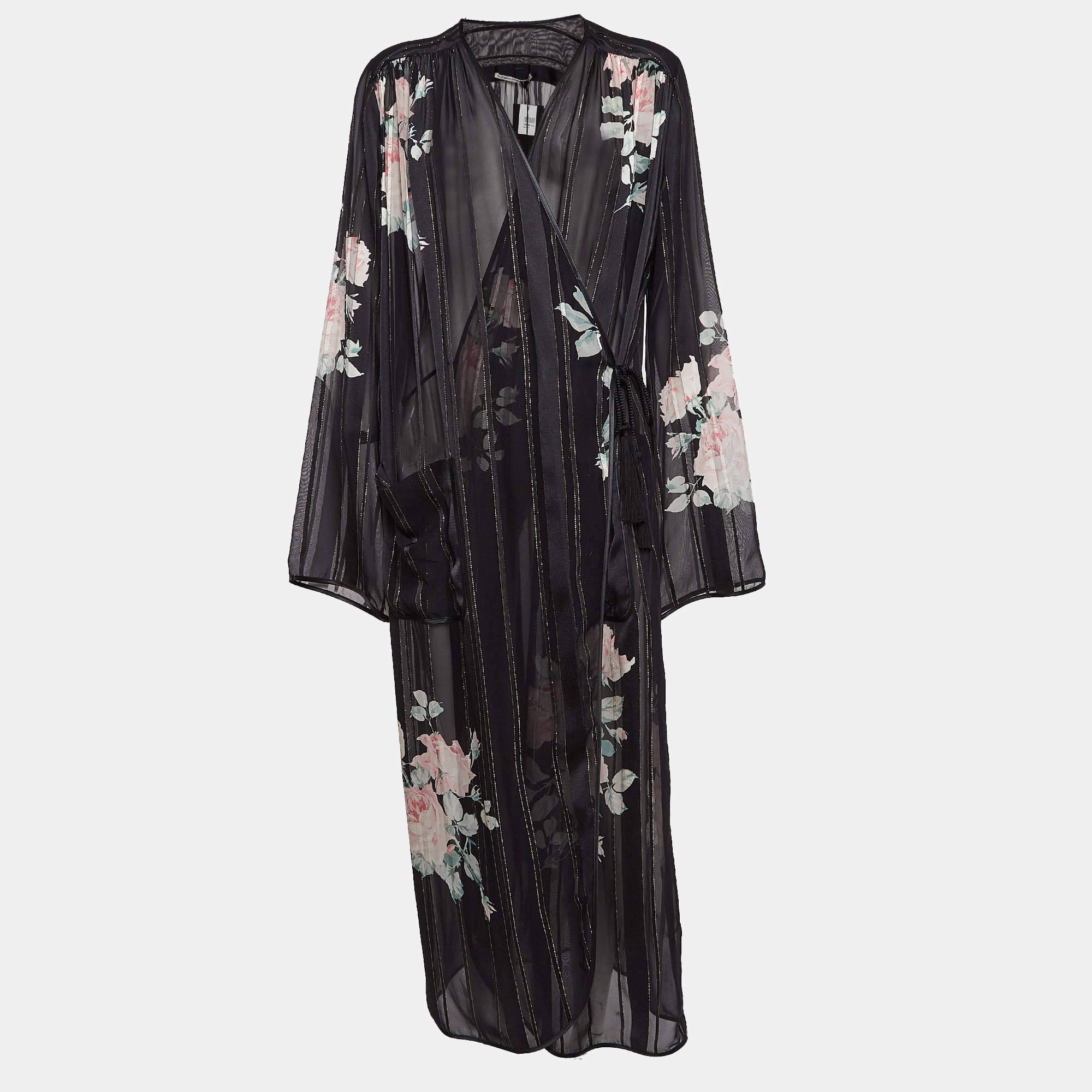 Alessandra Rich Black Floral Print Lurex Silk Maxi Wrap Dress M