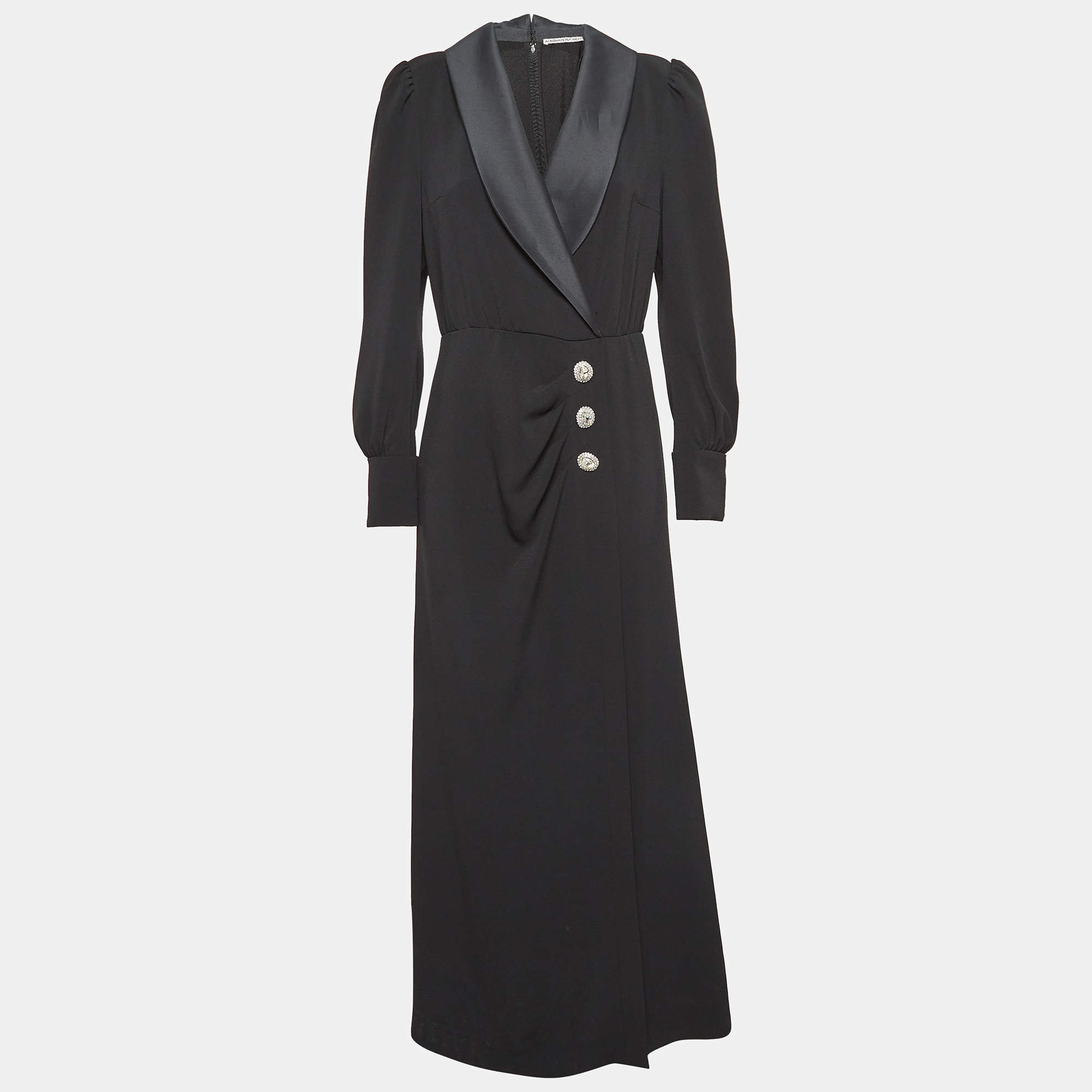 Alessandra Rich Black Satin Trim Crepe Hollywood Crystal Detail Maxi Dress M