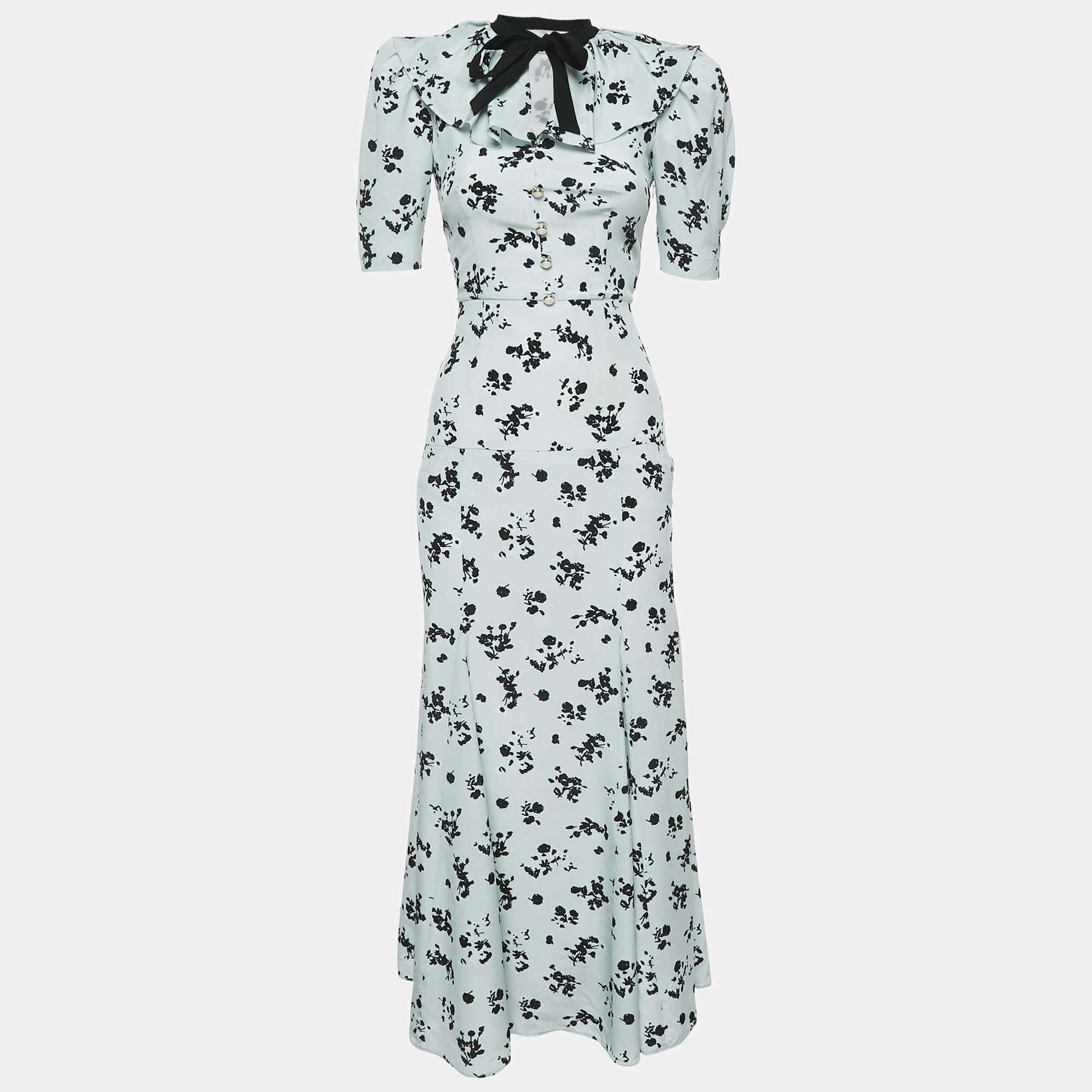 Alessandra Rich Blue Floral Print Silk Ruffled Neck Maxi Dress XS