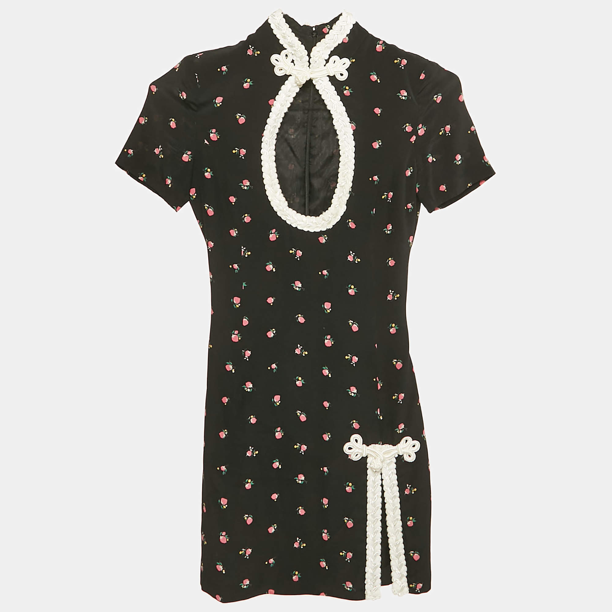 مملوكة مسبقًا Alessandra Rich Black Floral Print Silk Braided Cut-Out Mini Dress XS