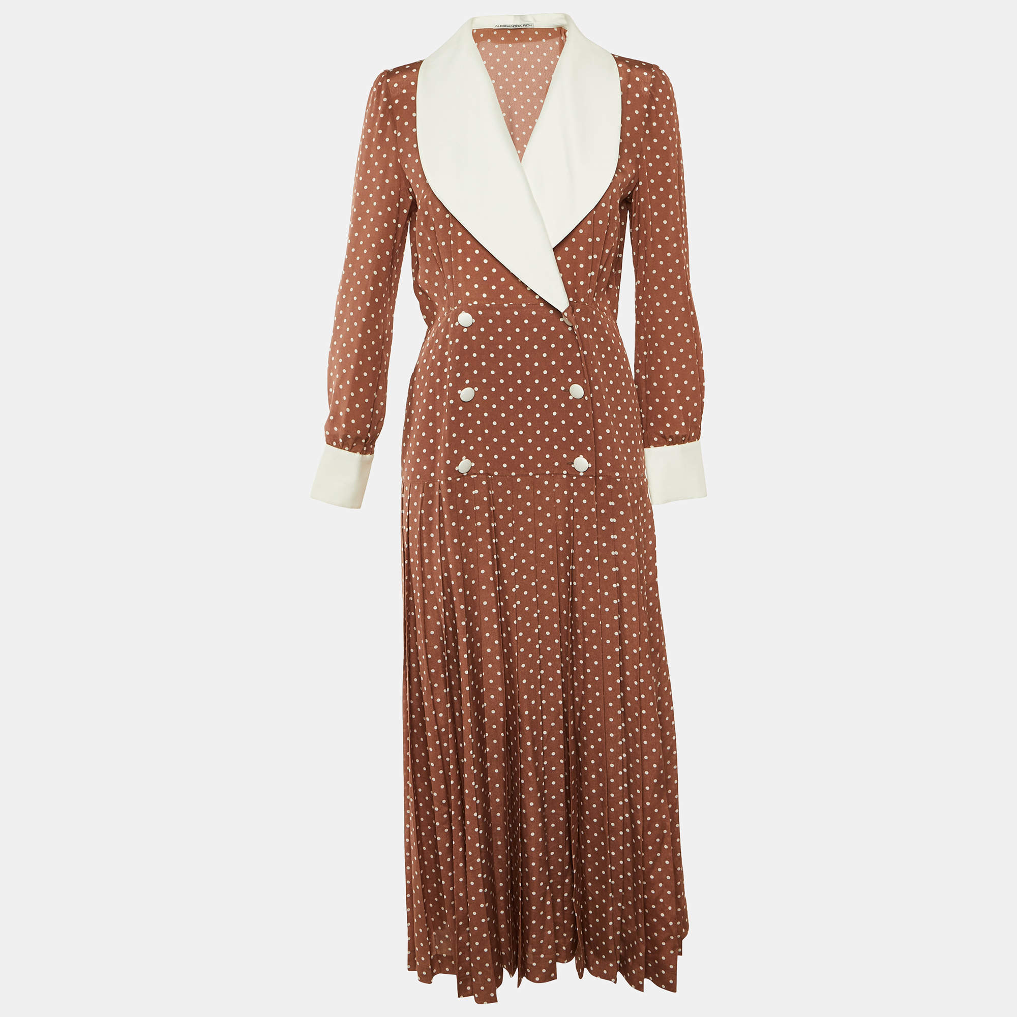 Pre Owned Alessandra Rich Brown Polka Dot Silk Pleated Maxi Dress M