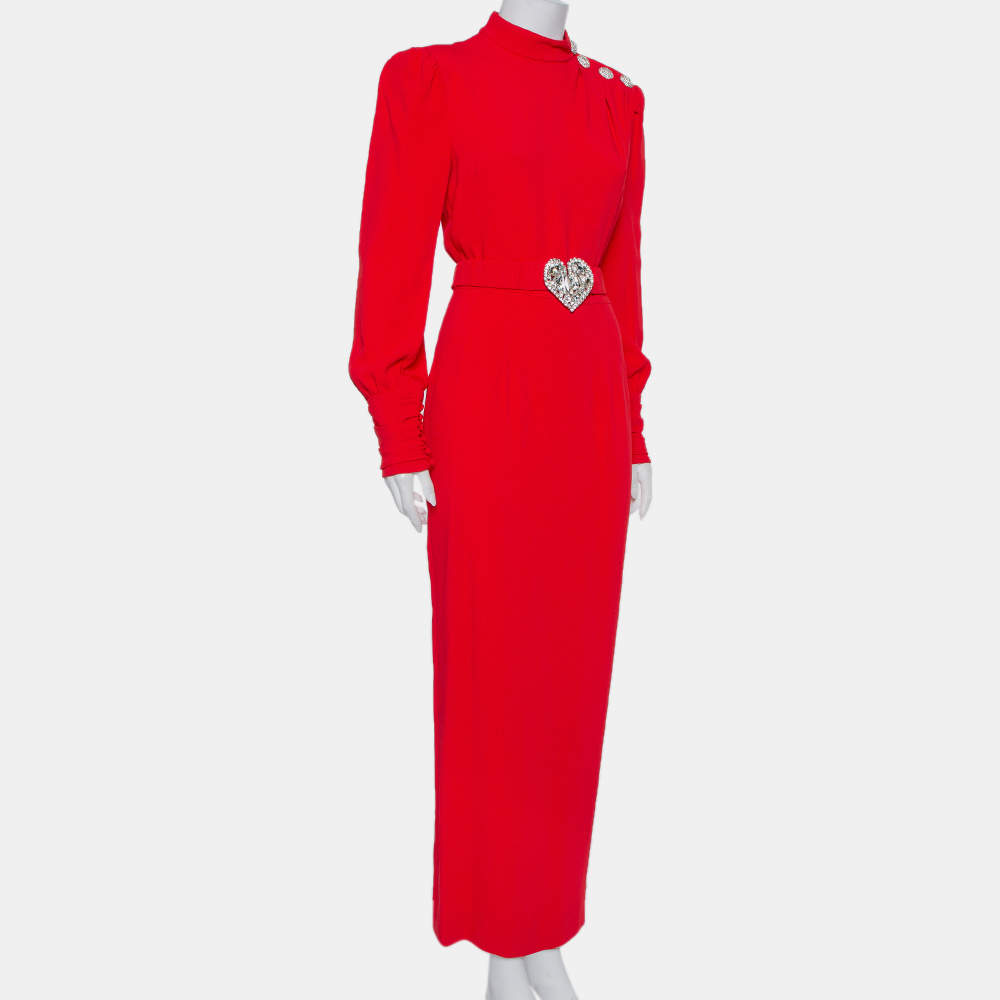 Alessandra Rich Red Crepe Embellished Button Belted Gown M