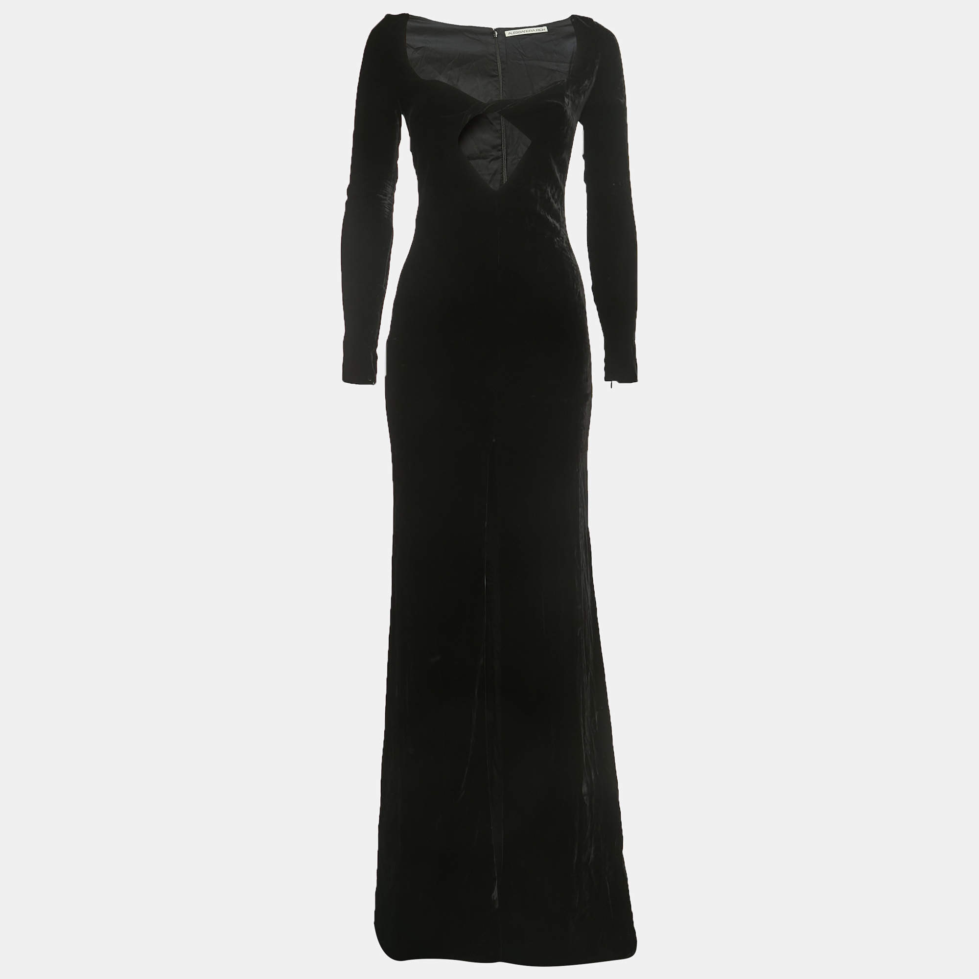 Alessandra Rich Black Velvet Cut Out Long Sleeve Slit Gown S