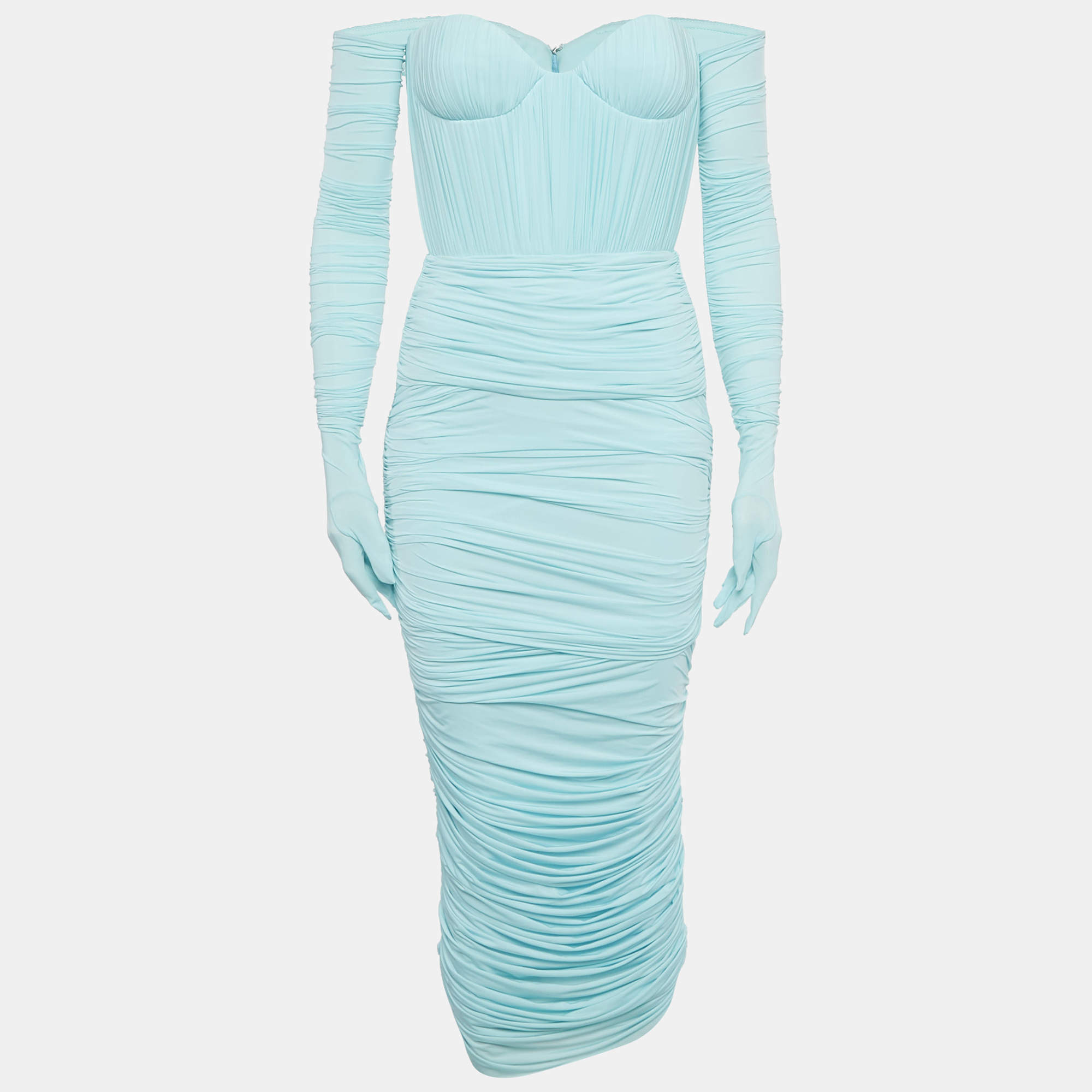 Alex Perry Blue Jersey Strapless Ruche Maxi Dress With Gloves S