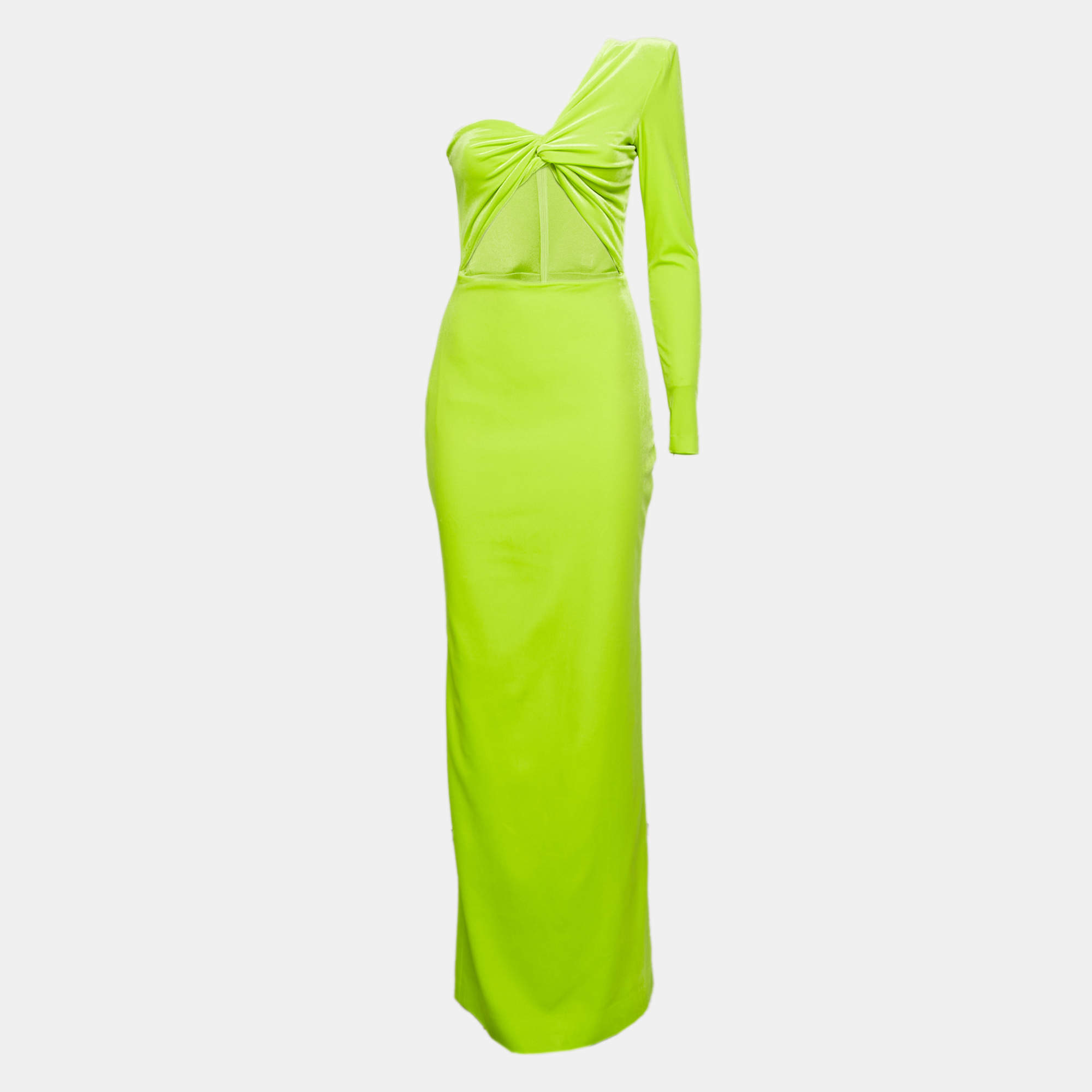 Alex Perry Lime Green Velvet Cut-Out Detail One Shoulder Maxi Dress M