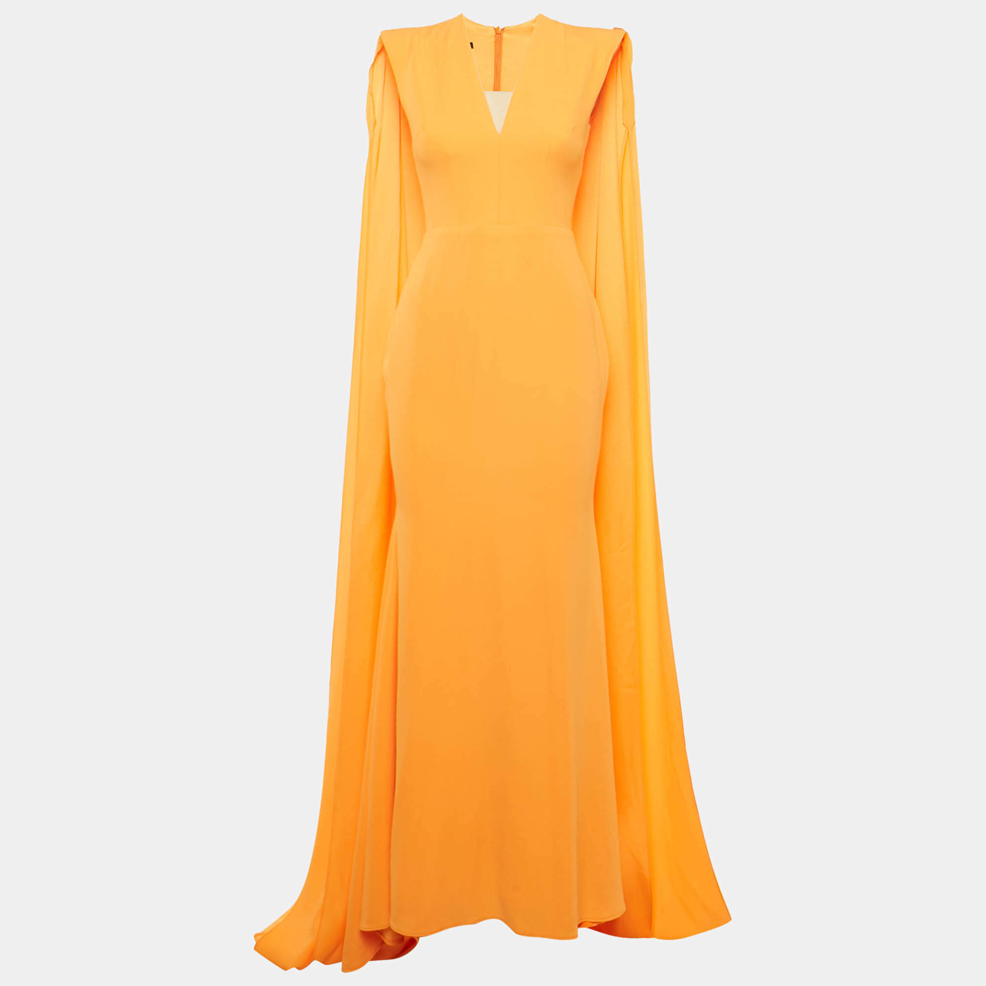 Pre Owned Alex Perry Orange Crepe Cape Sleeve Gown M