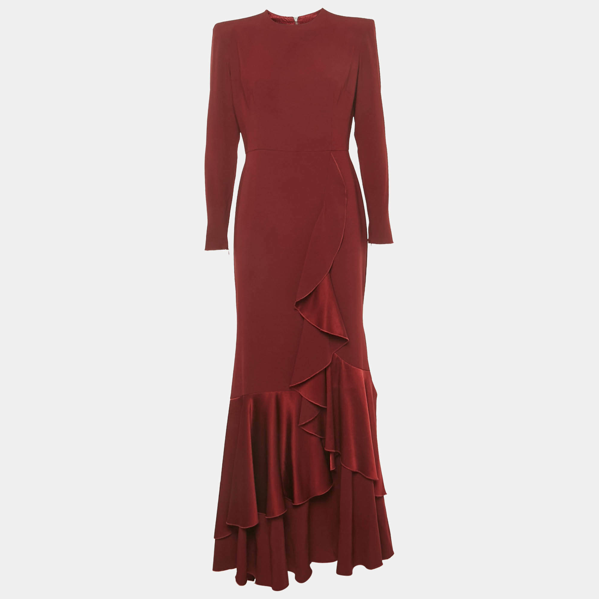 Pre Owned Alex Perry Dark Red Crepe Asymmetric Long Sleeve Flounce Gown L