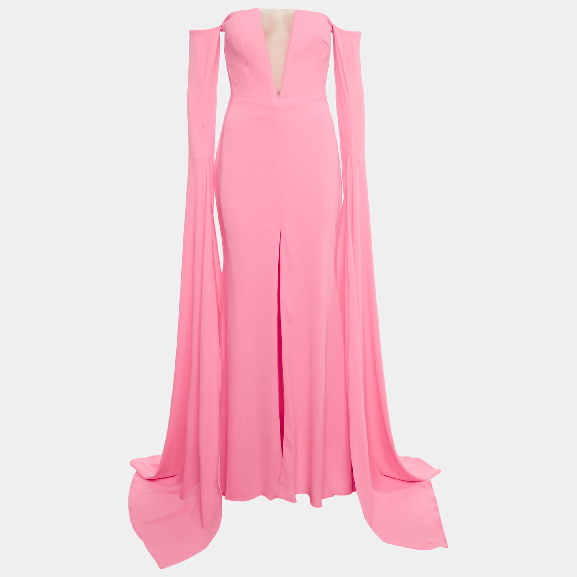 Pre Owned Alex Perry Neon Pink Crepe Strapless Shoulder Drape Crinoline Gown M