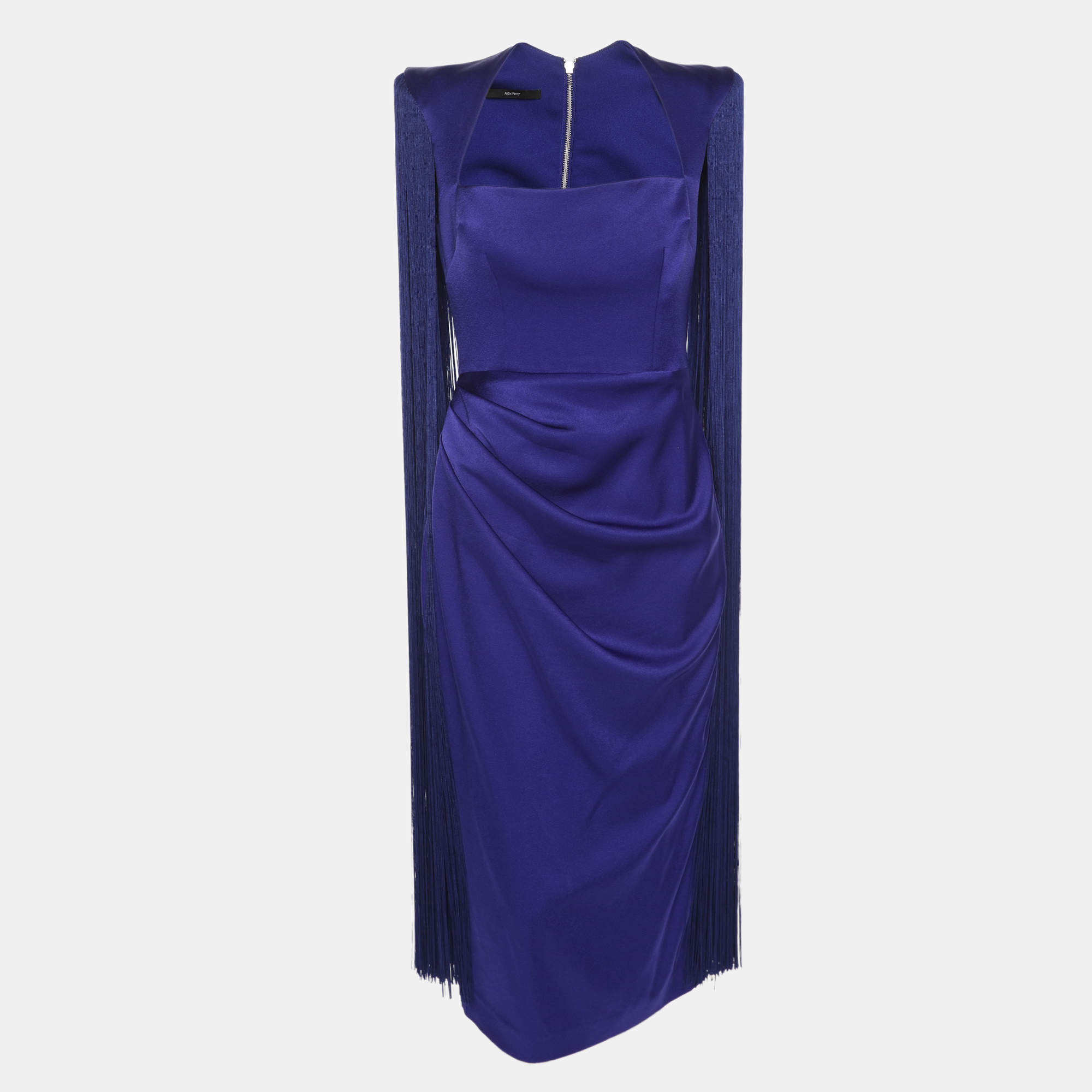 Pre Owned Alex Perry Dallas Blue Satin Fringe Sleeveless Midi Dress L