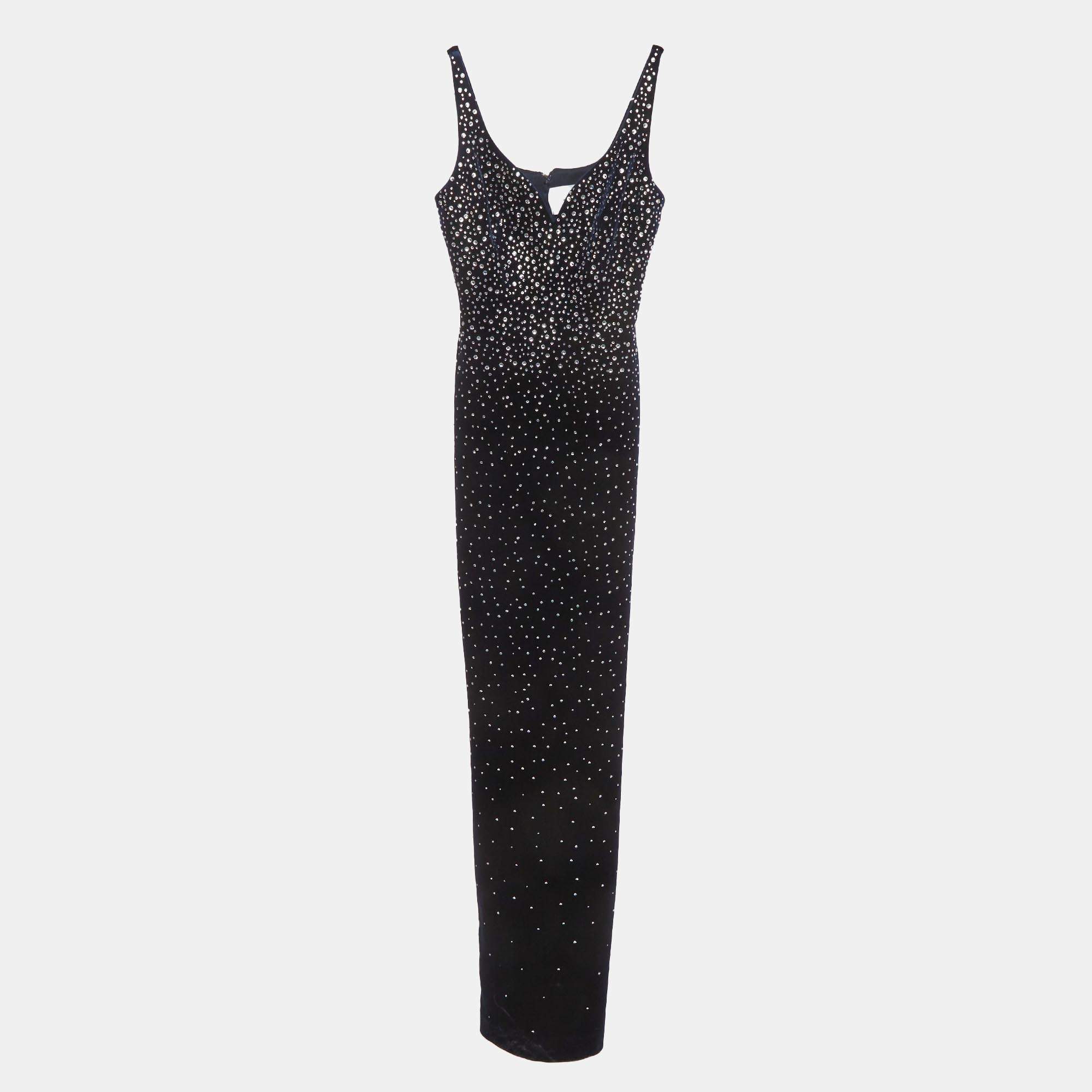 مملوكة مسبقًا Alex Perry Navy Blue Velvet Crystal-Embellished Gown S