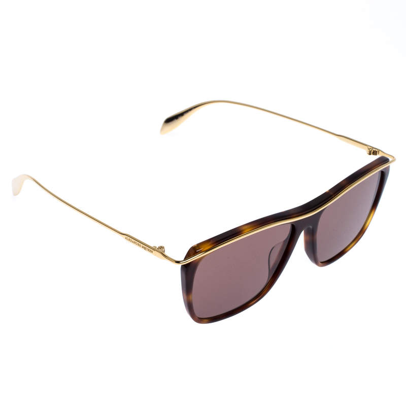 Pre Owned Alexander McQueen Gold/Brown Tortoise Smoke AM0143 Sunglasses