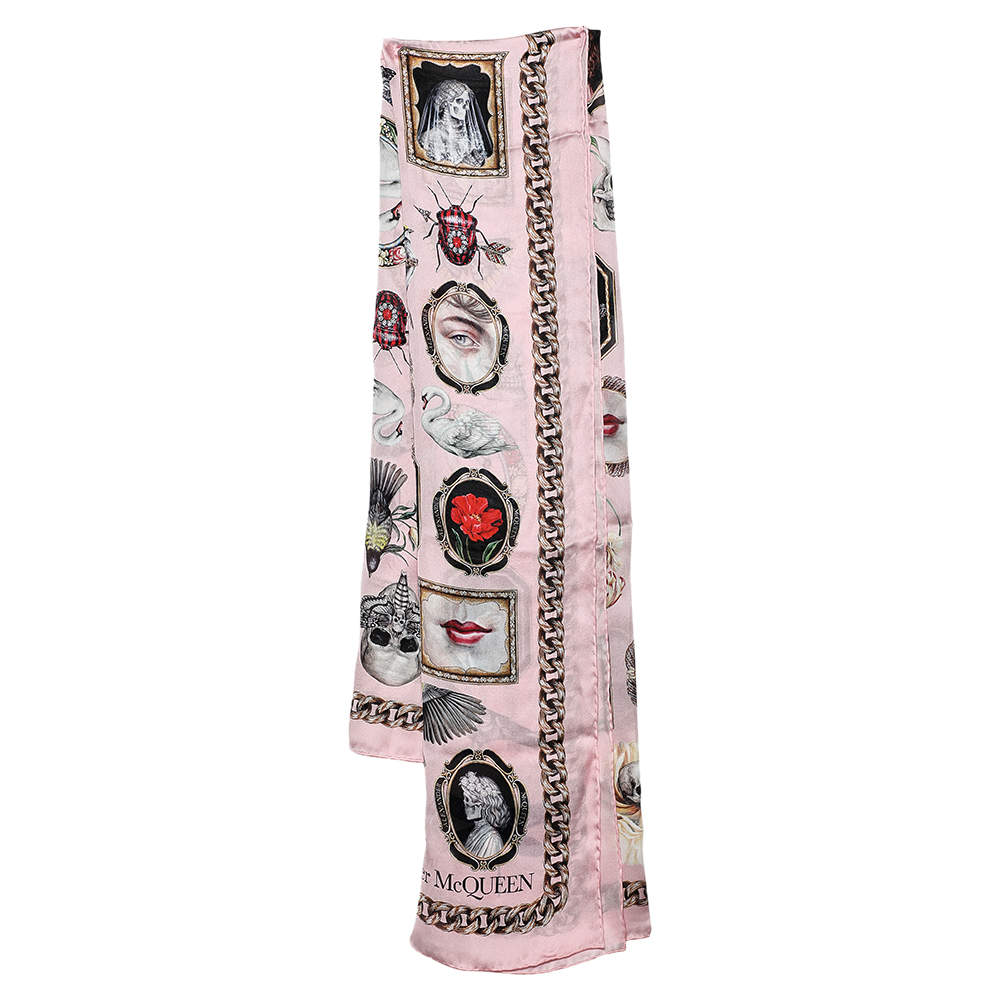 Pre Owned Alexander McQueen Pink Cameo and Curiosities Silk Scarf