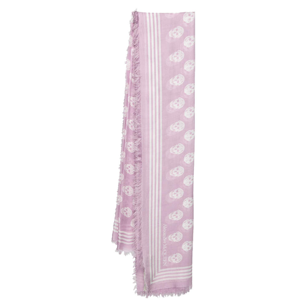 Pre Owned Alexander McQueen Lilac Skull Printed Modal Fringed Scarf