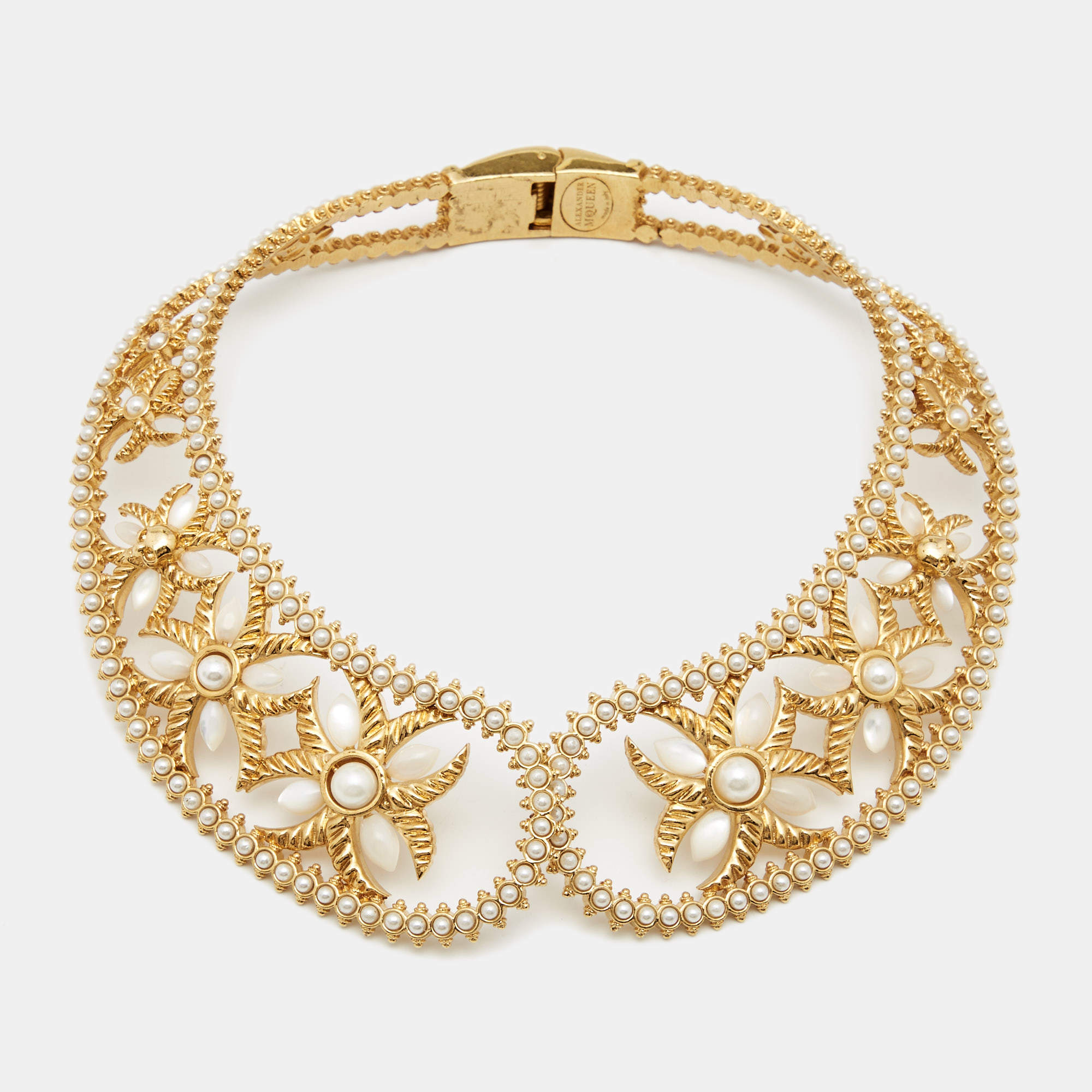 Pre Owned Alexander McQueen Faux Pearl Gold Tone Choker Necklace