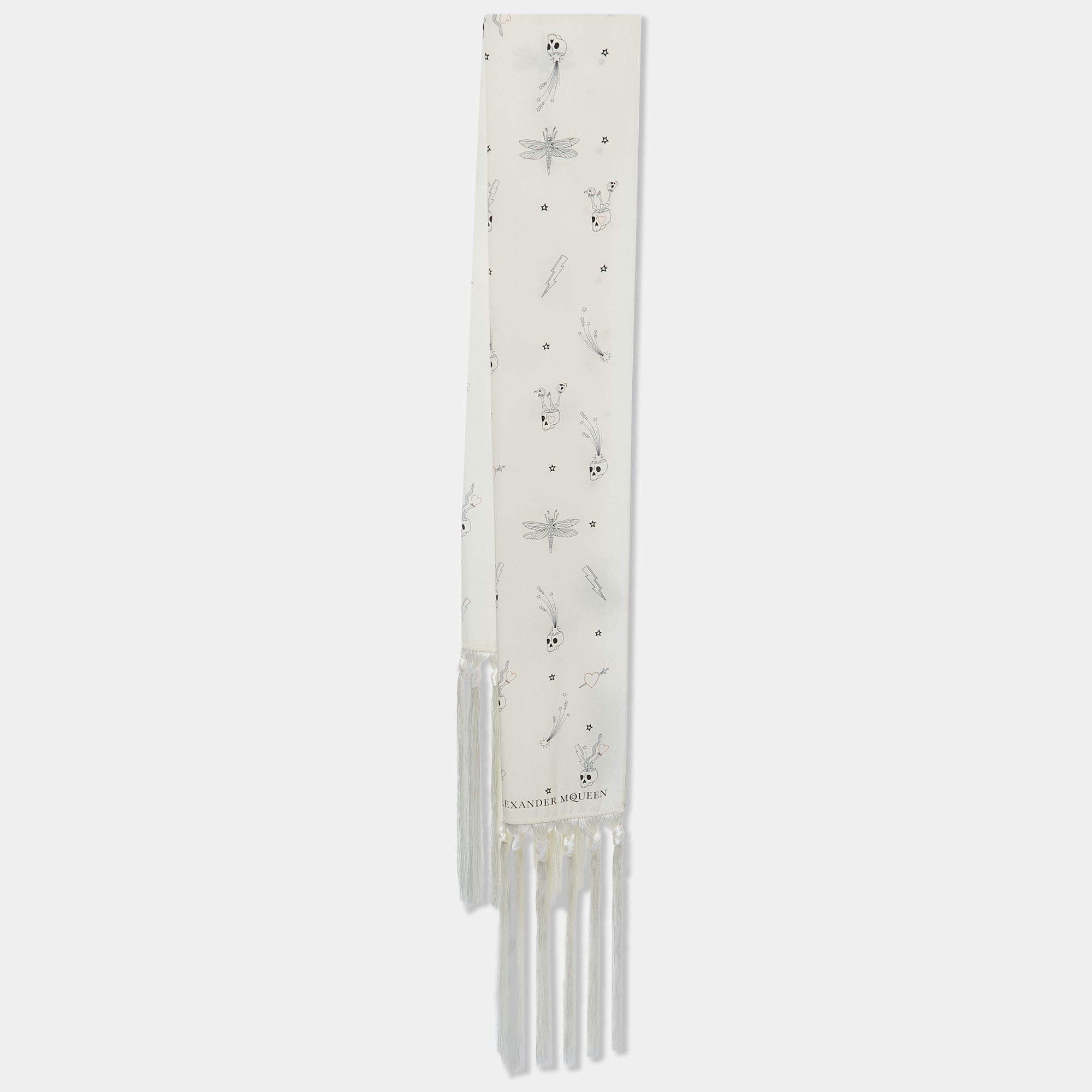 Alexander McQueen Off White Party Skull Printed Silk Fringed Stole