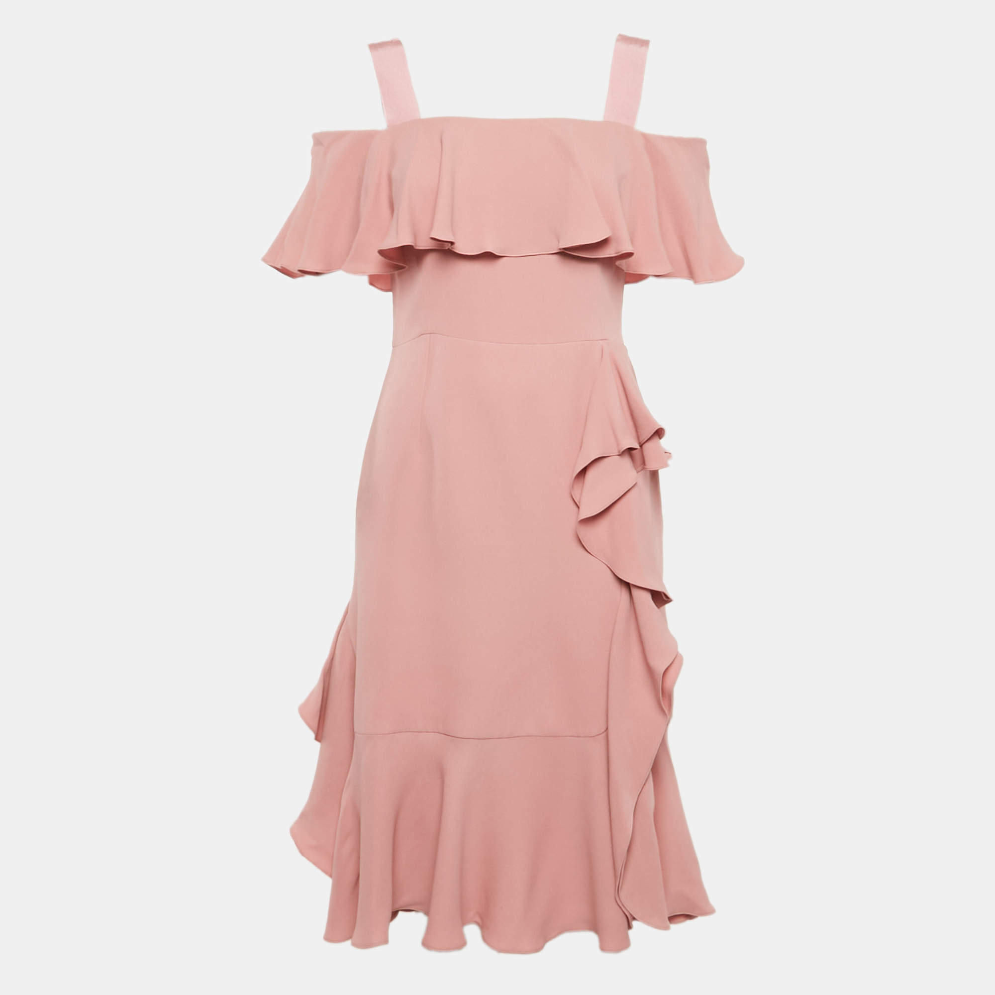 Pre Owned Alexander McQueen Pink Silk Chiffon Silk Ruffled Off-Shoulder Midi Dress M