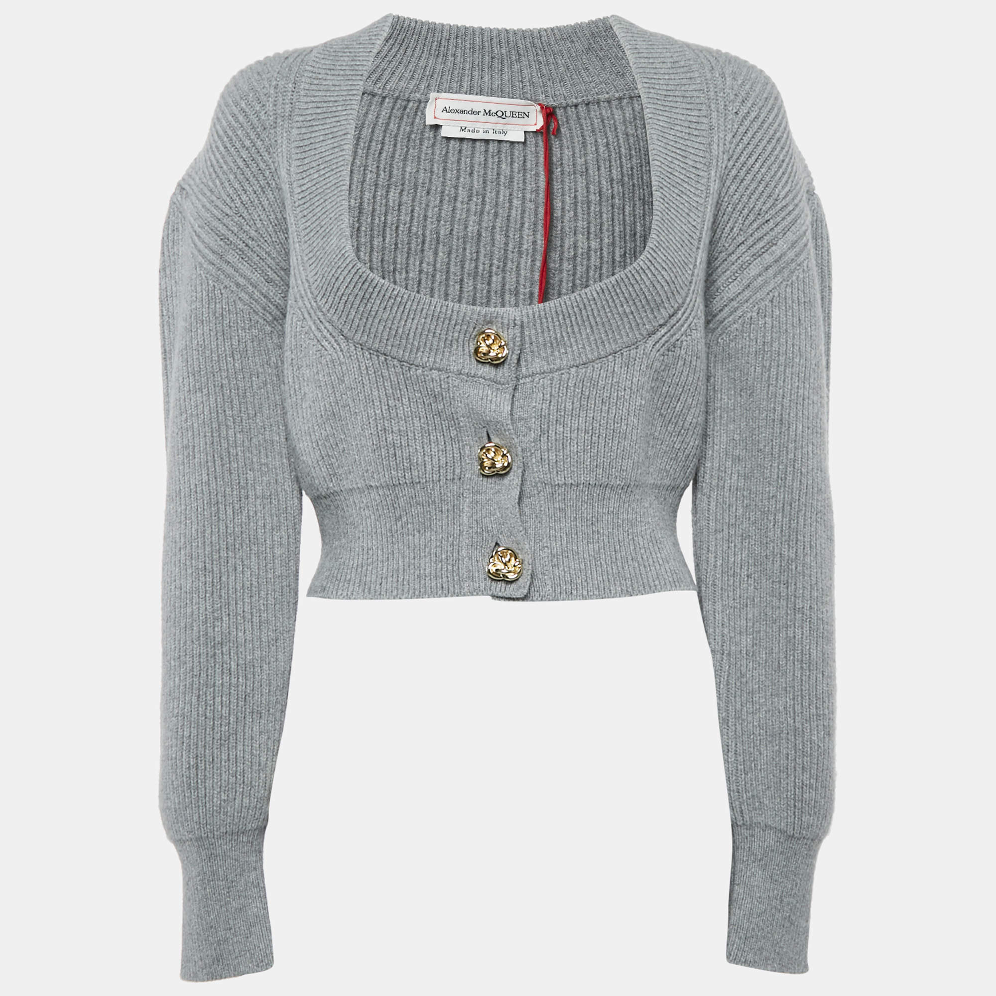 Alexander McQueen Grey Wool Rib Knit Button Front Cardigan M