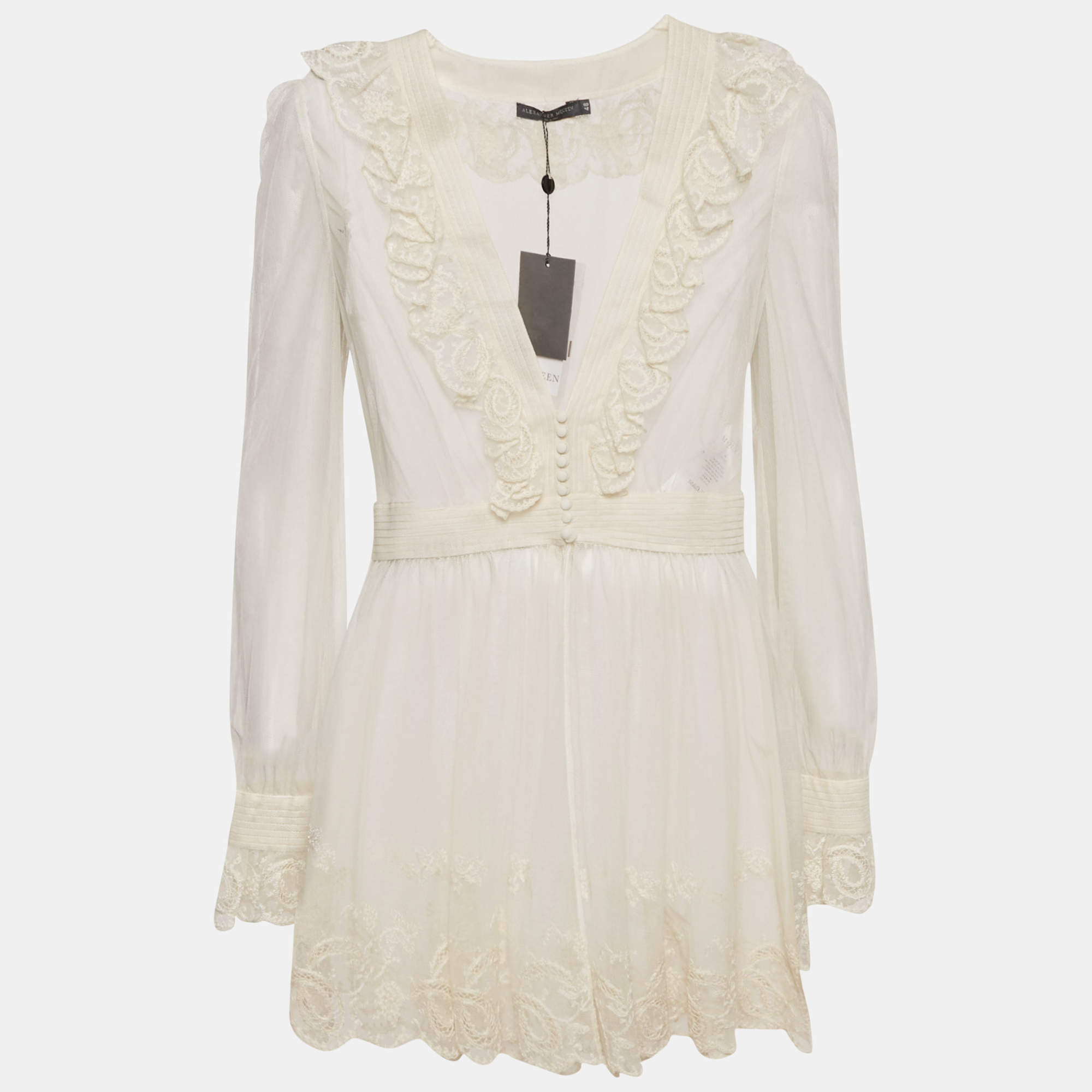 Alexander McQueen Off White Embroidered Tulle Sheer Tunic L