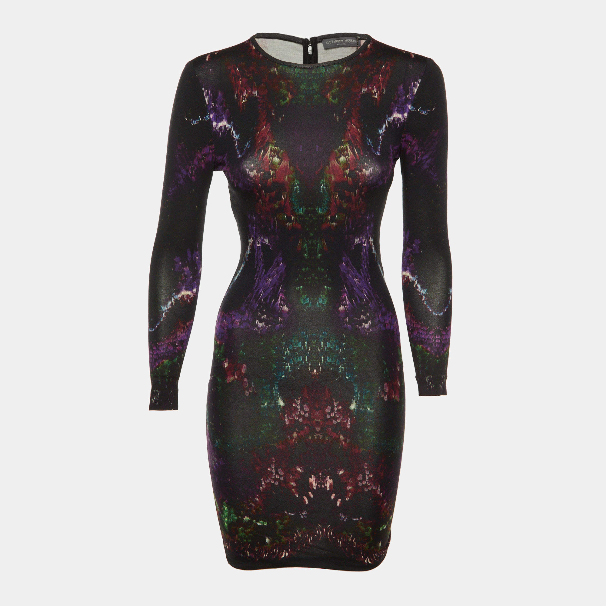 Pre Owned Alexander McQueen Black Printed Jersey Fitted Dress XS