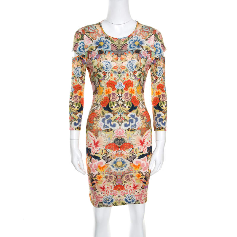 Pre Owned Alexander McQueen Floral Printed  Jersey Cutout Sleeve Detail Bodycon Dress S