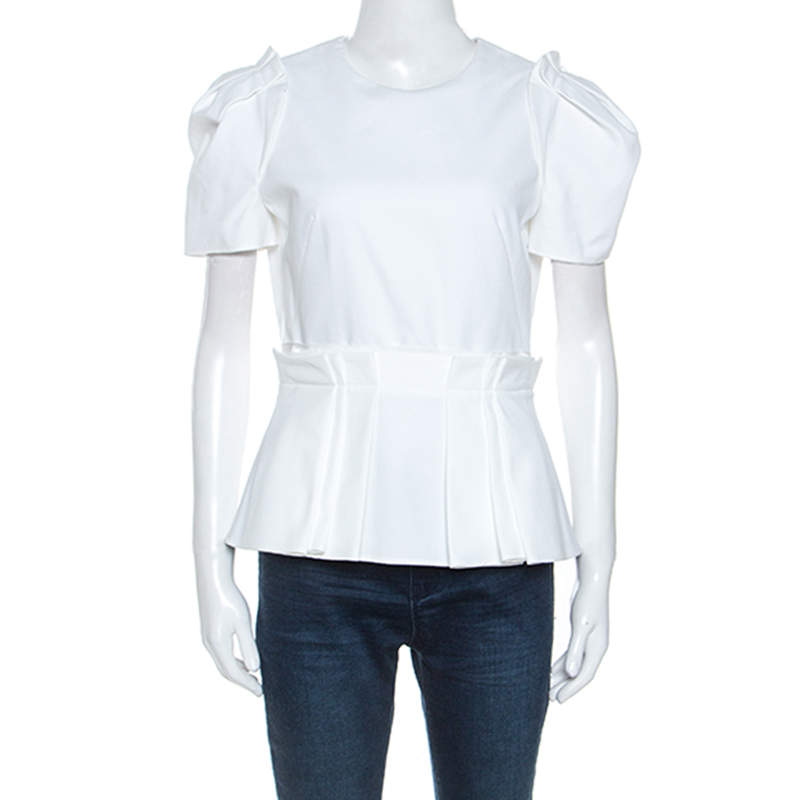 Pre Owned Alexander McQueen White Pique Cotton Short Sleeve Peplum Top M
