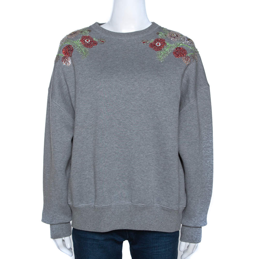 Alexander McQueen Grey Fleece Lined Cotton Poppy Sequined Sweatshirt S