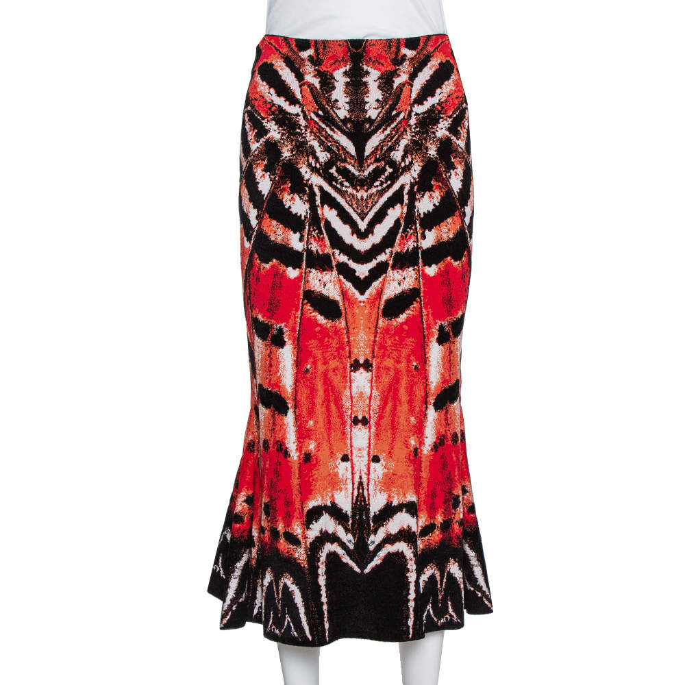 Pre Owned Alexander McQueen Red Abstract Pattern Silk Knit Flounce Skirt S