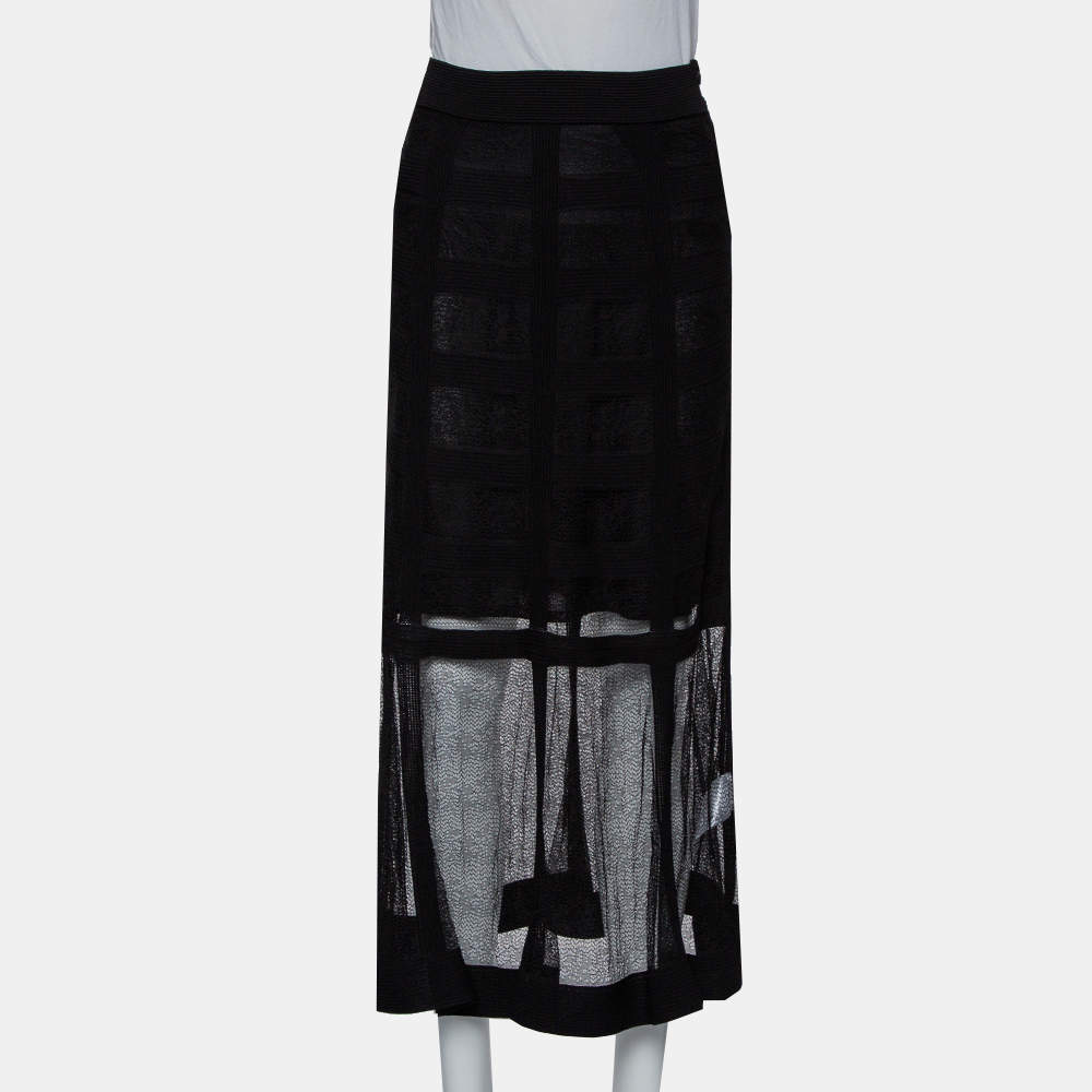 Alexander McQueen Black Patterned Silk Knit Midi Skirt M
