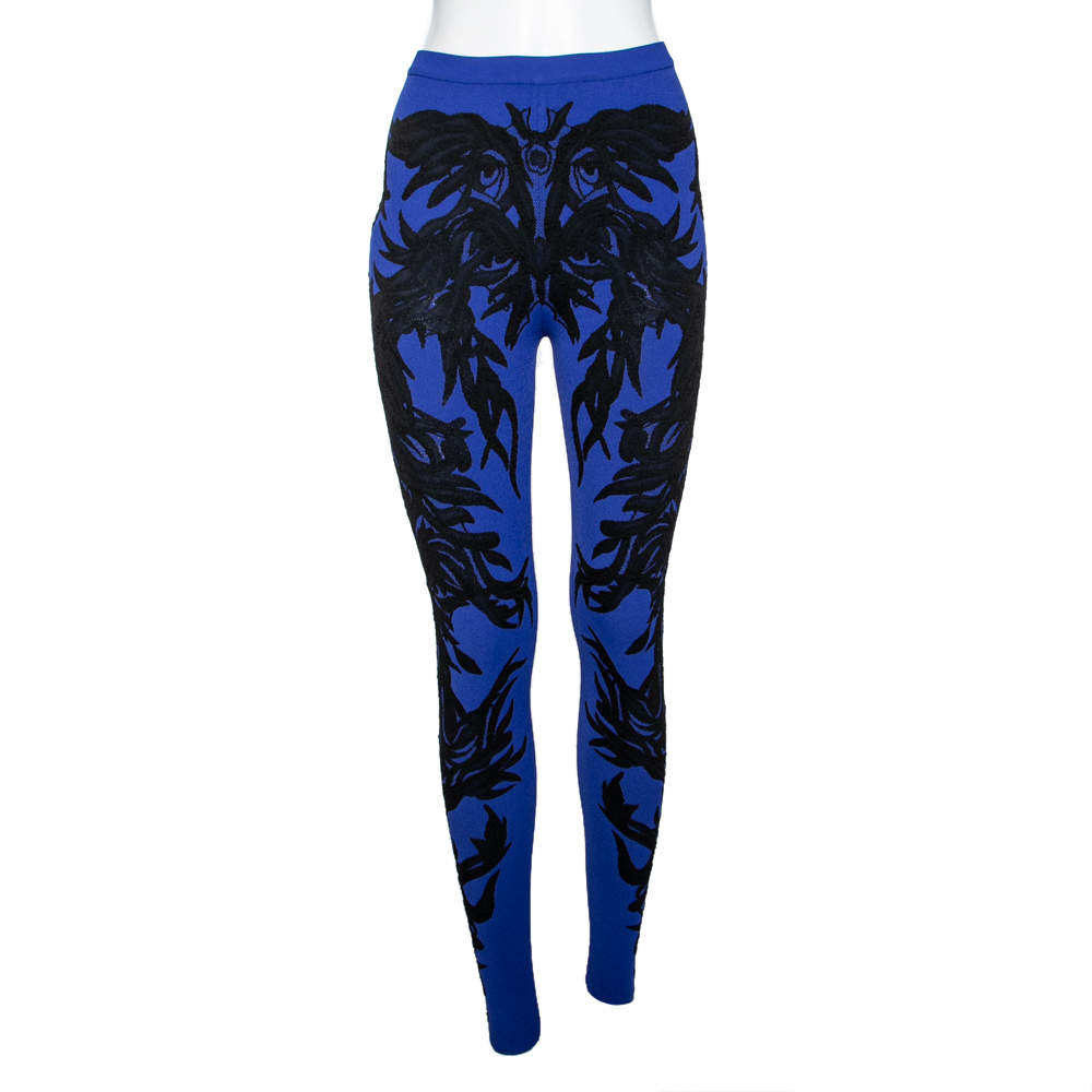Pre Owned Alexander McQueen Blue Knit & Spine Lace Jacquard Leggings XS