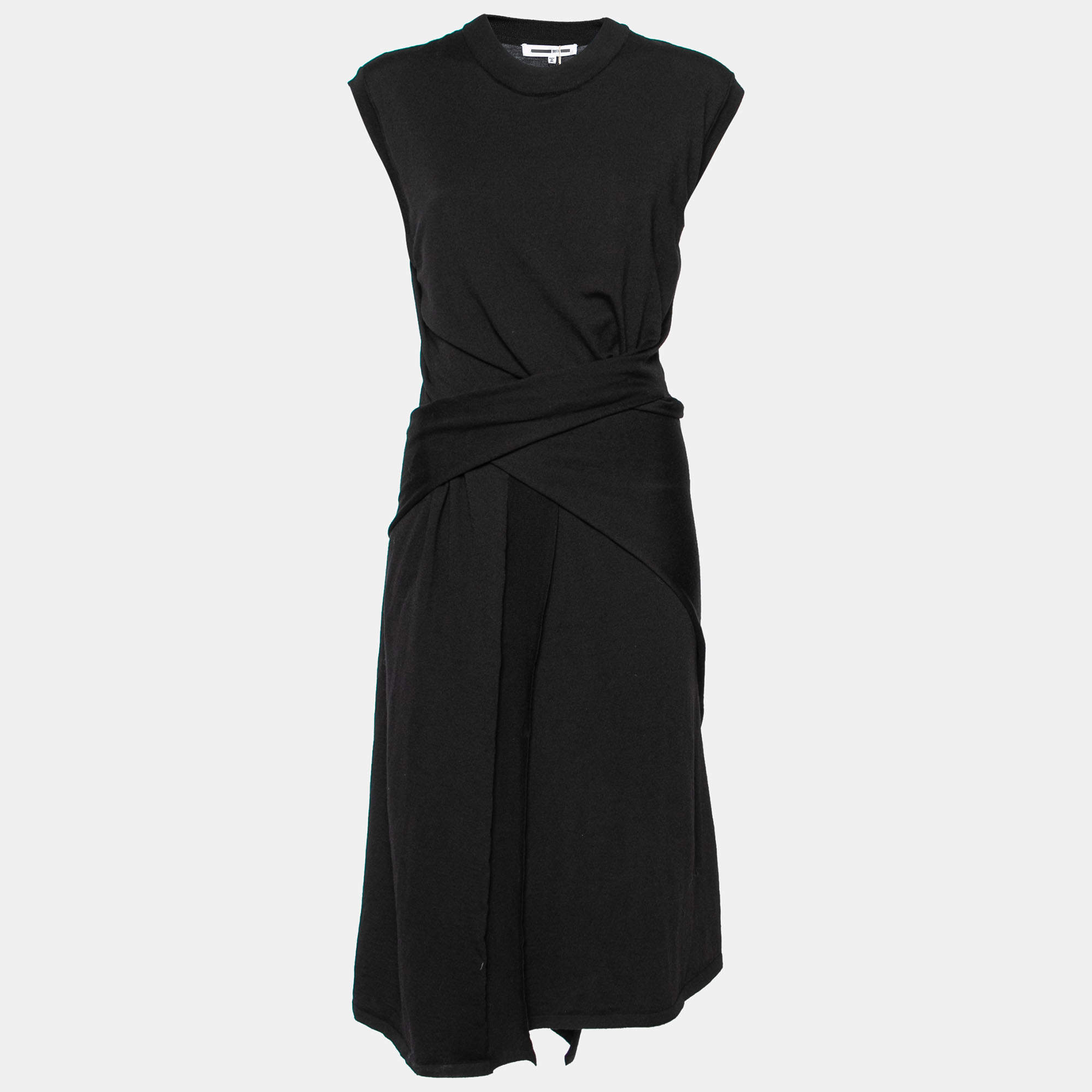 Pre Owned Alexander McQueen Black Wool Gathered Sleeveless Dress XL