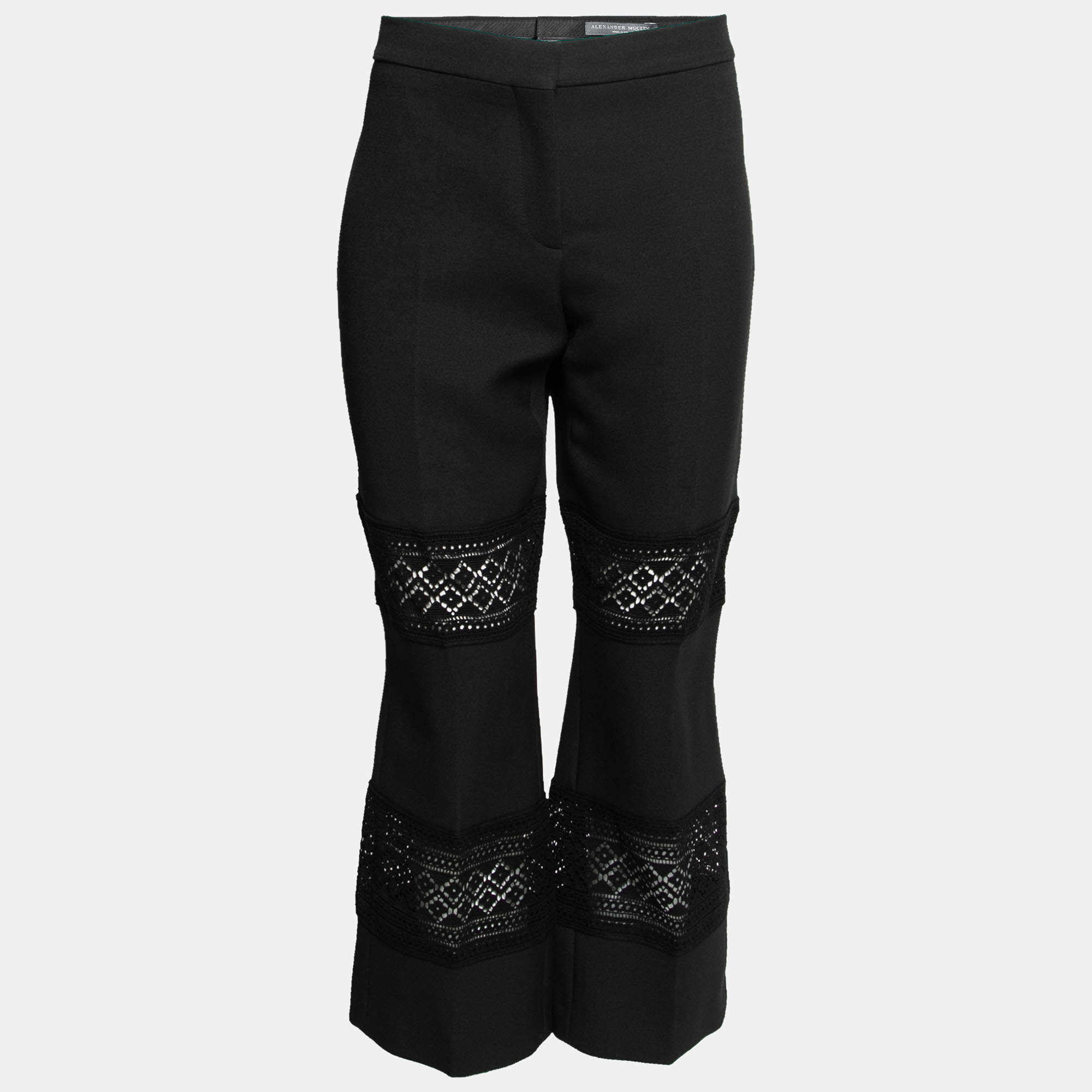 Pre Owned Alexander McQueen Black Wool & Lace Inset Cropped Trousers L