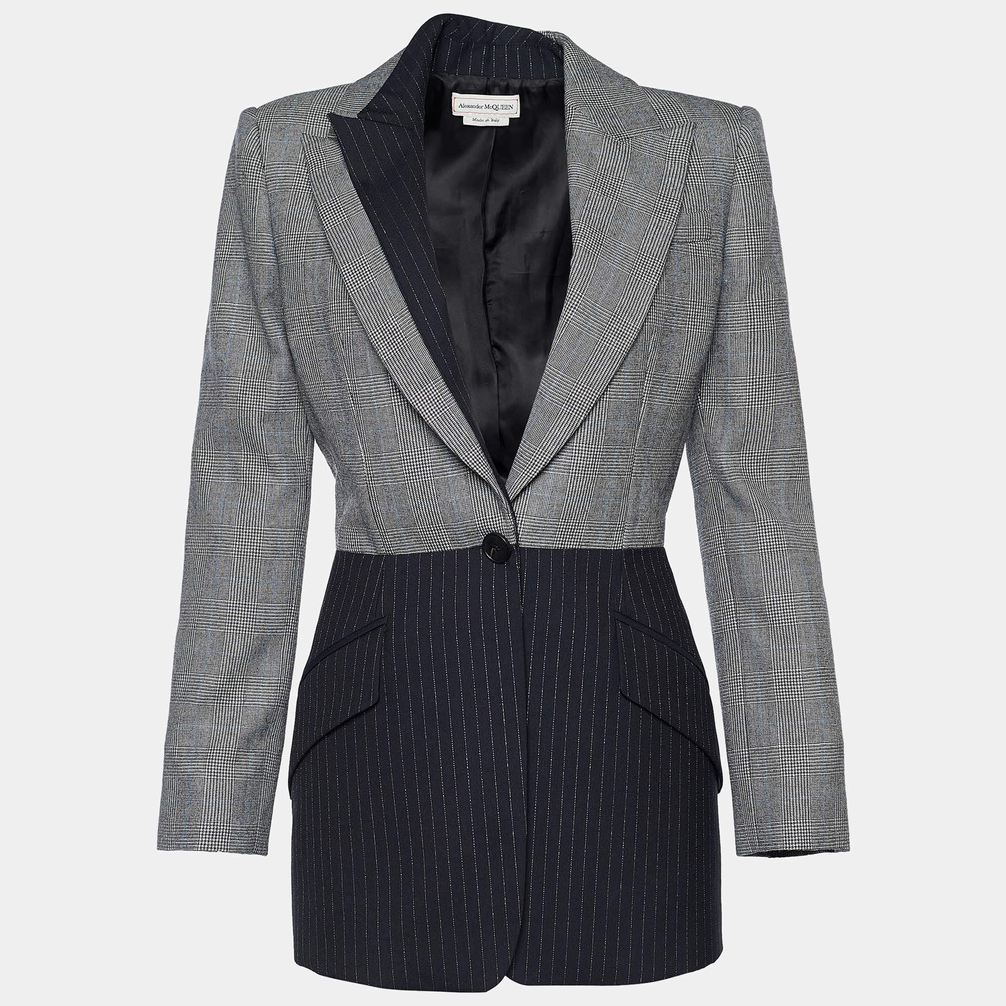 Pre Owned Alexander McQueen Black Patchwork Leaf Crepe Wool Asymmetrical Jacket M