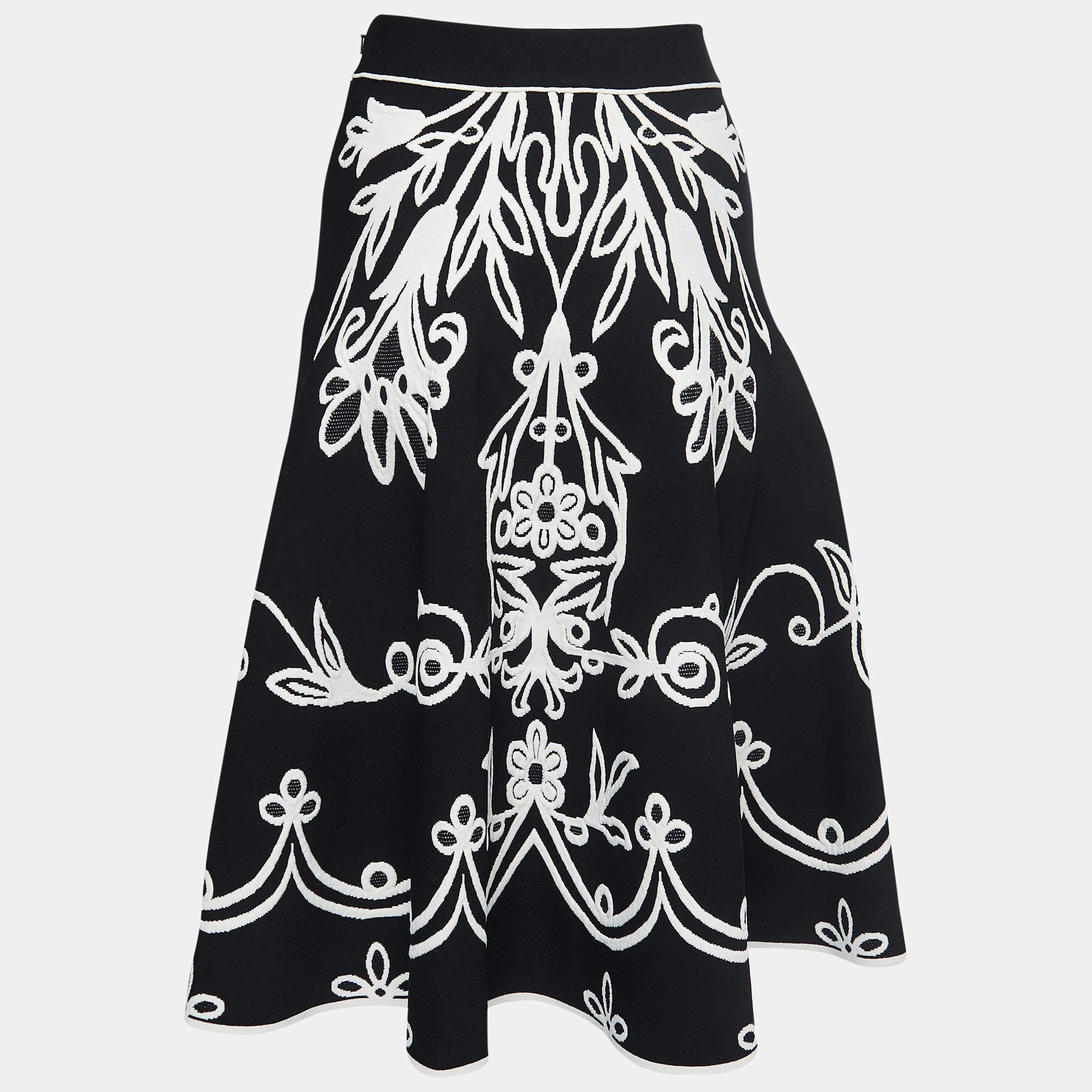 Pre Owned Alexander McQueen Black/White Floral Jacquard Knit Flared Midi Skirt S