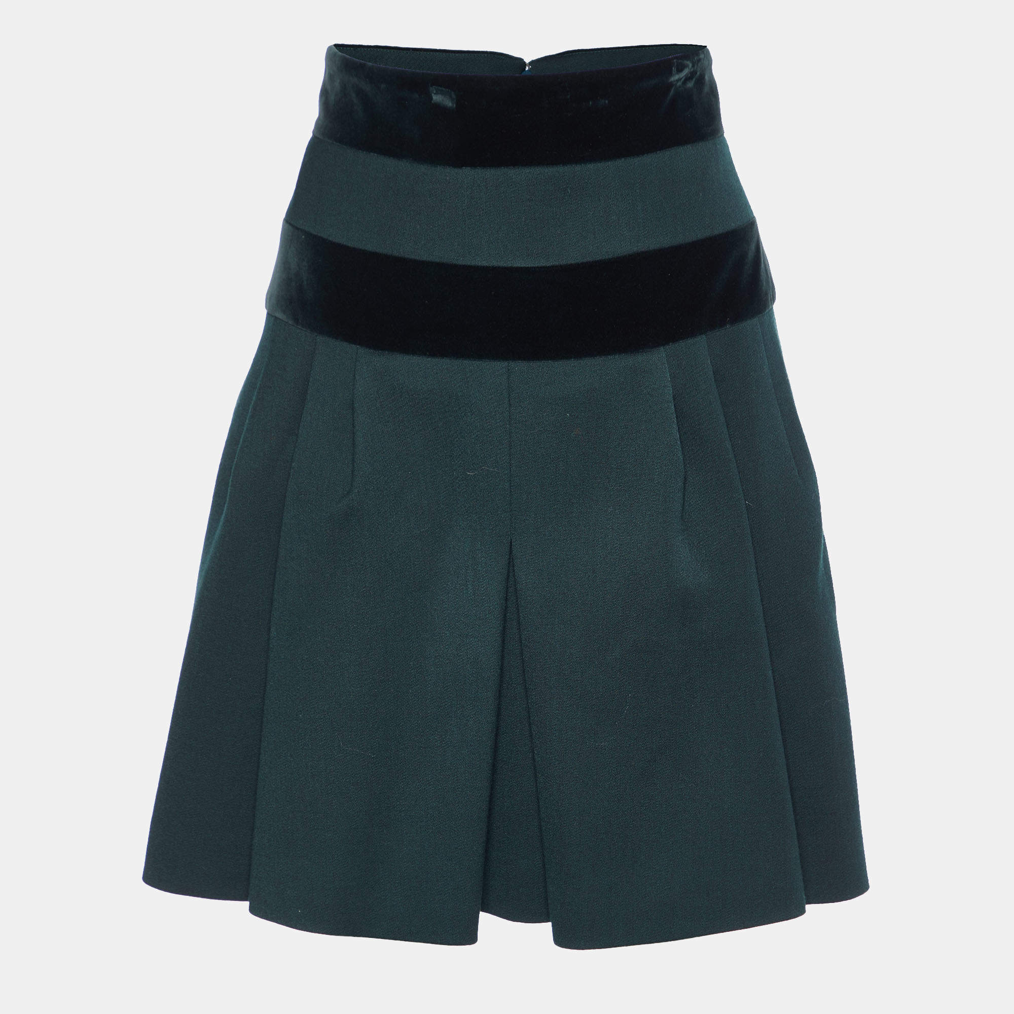 Pre Owned Alexander McQueen Dark Green Wool & Velvet Trim Mini Skirt M
