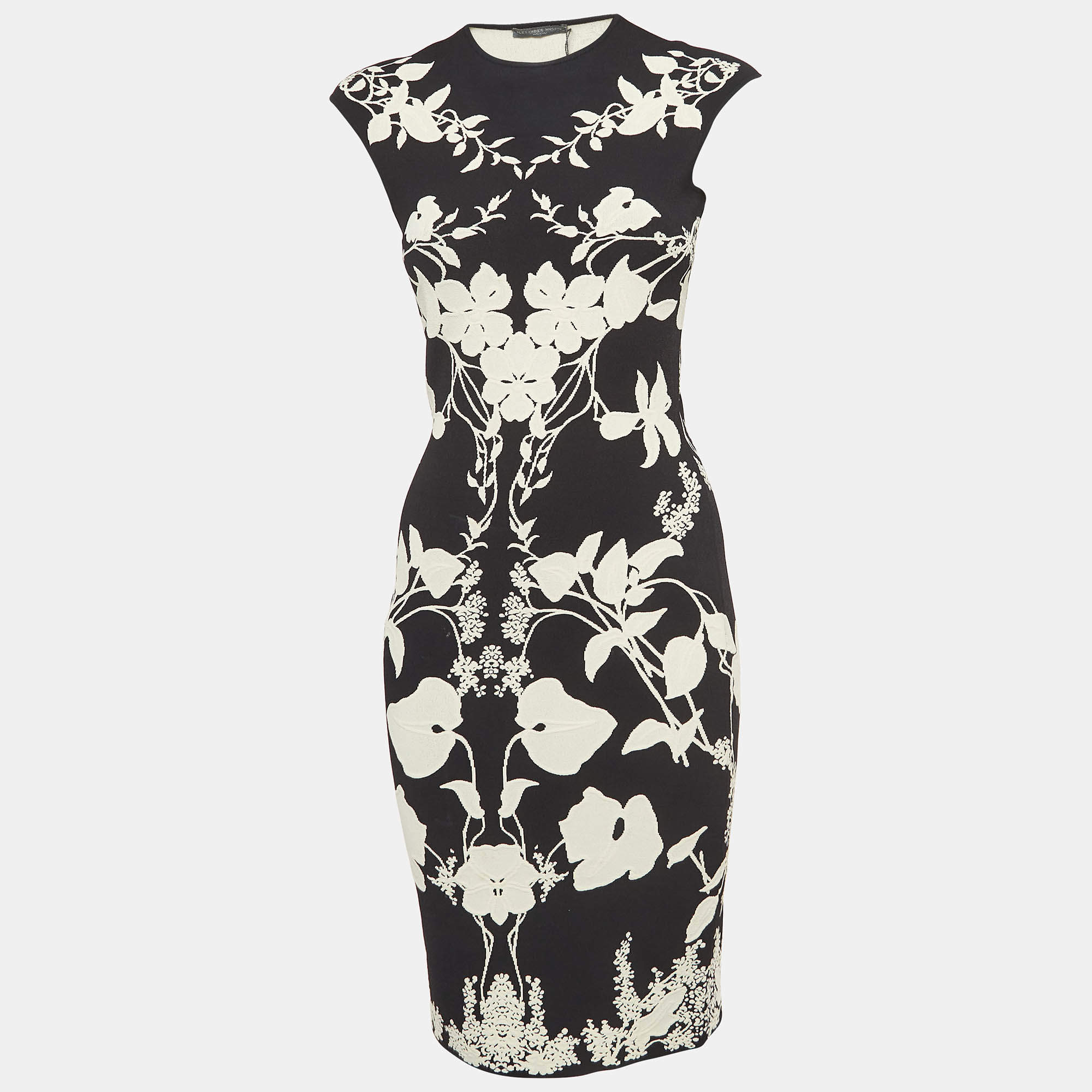 Pre Owned Alexander McQueen Black/White Floral Patterned Knit Bodycon Dress S