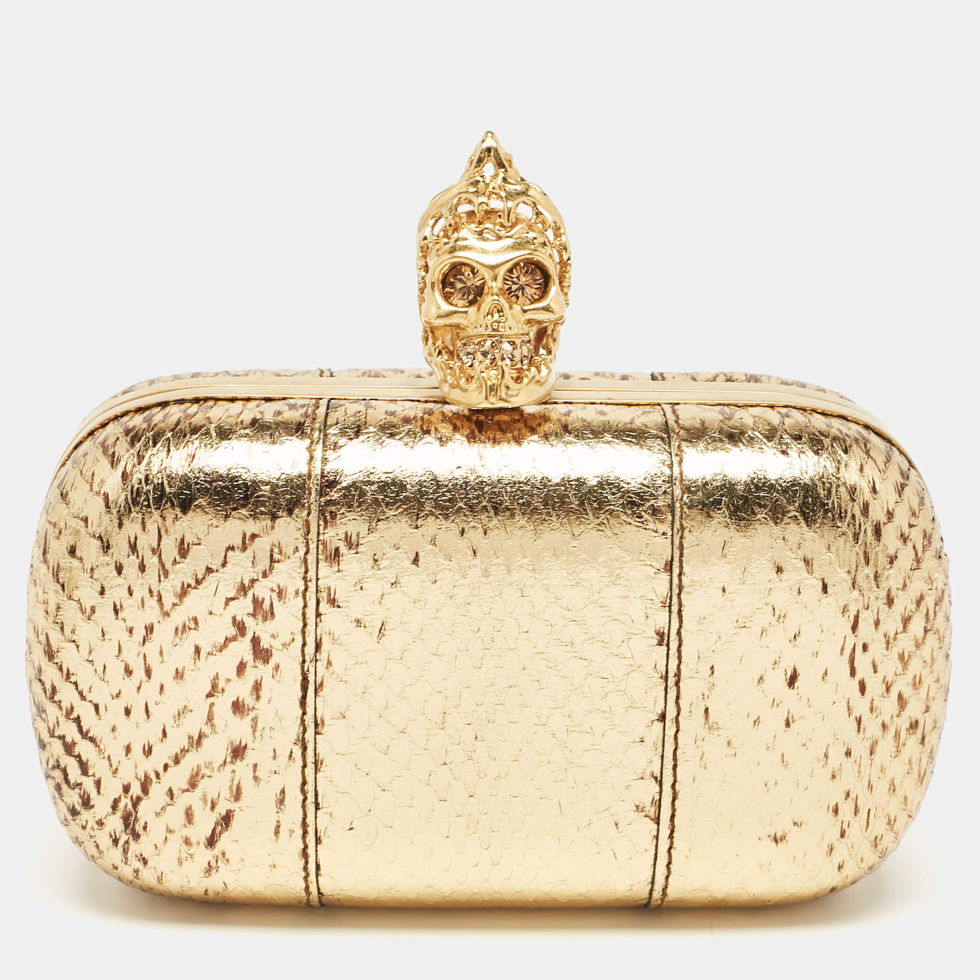 Alexander McQueen Metallic Gold Python Skull Box Clutch