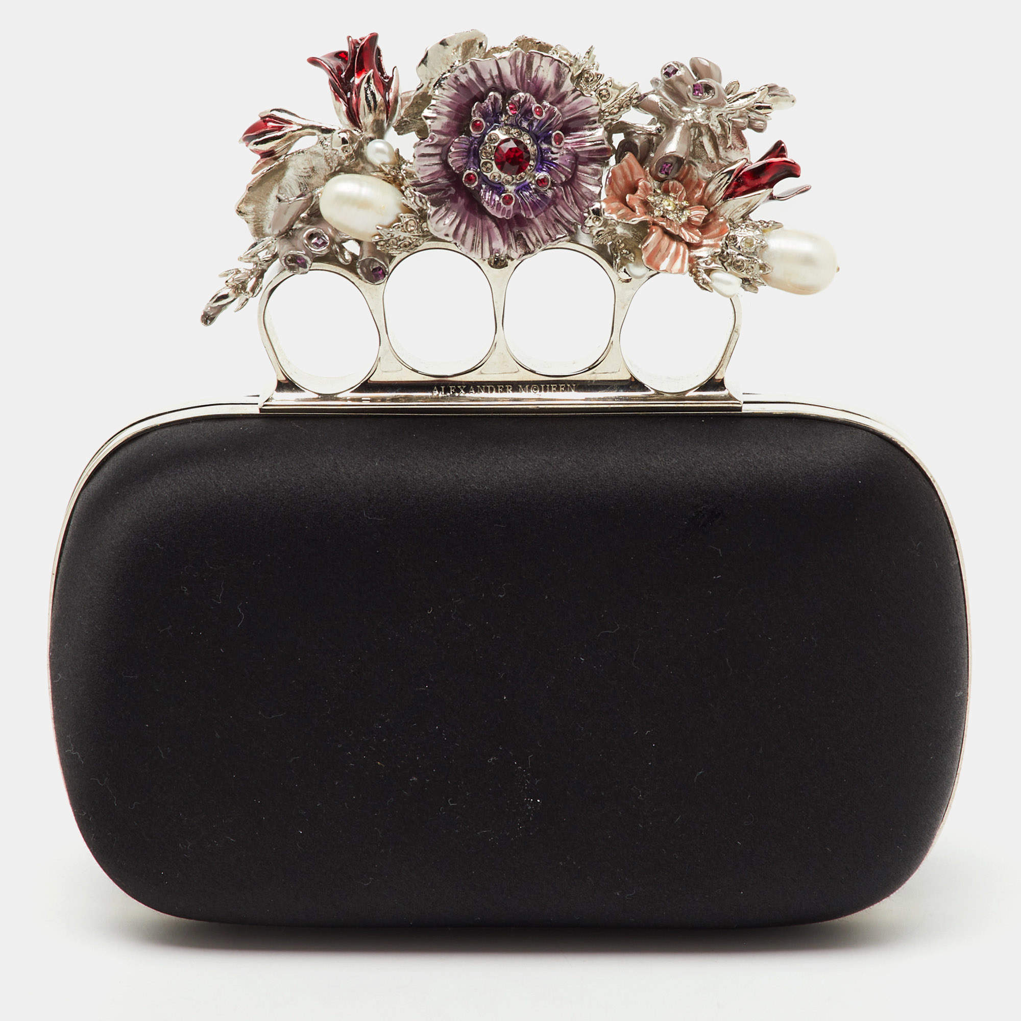 Alexander McQueen Black Satin Floral Knuckle Clutch