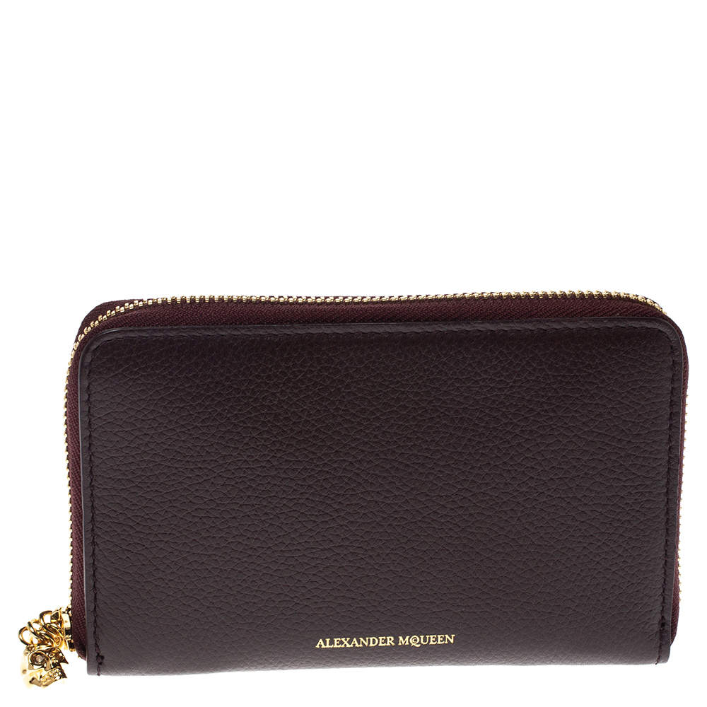 Alexander McQueen Burgundy Leather Zip Around Compact Wallet