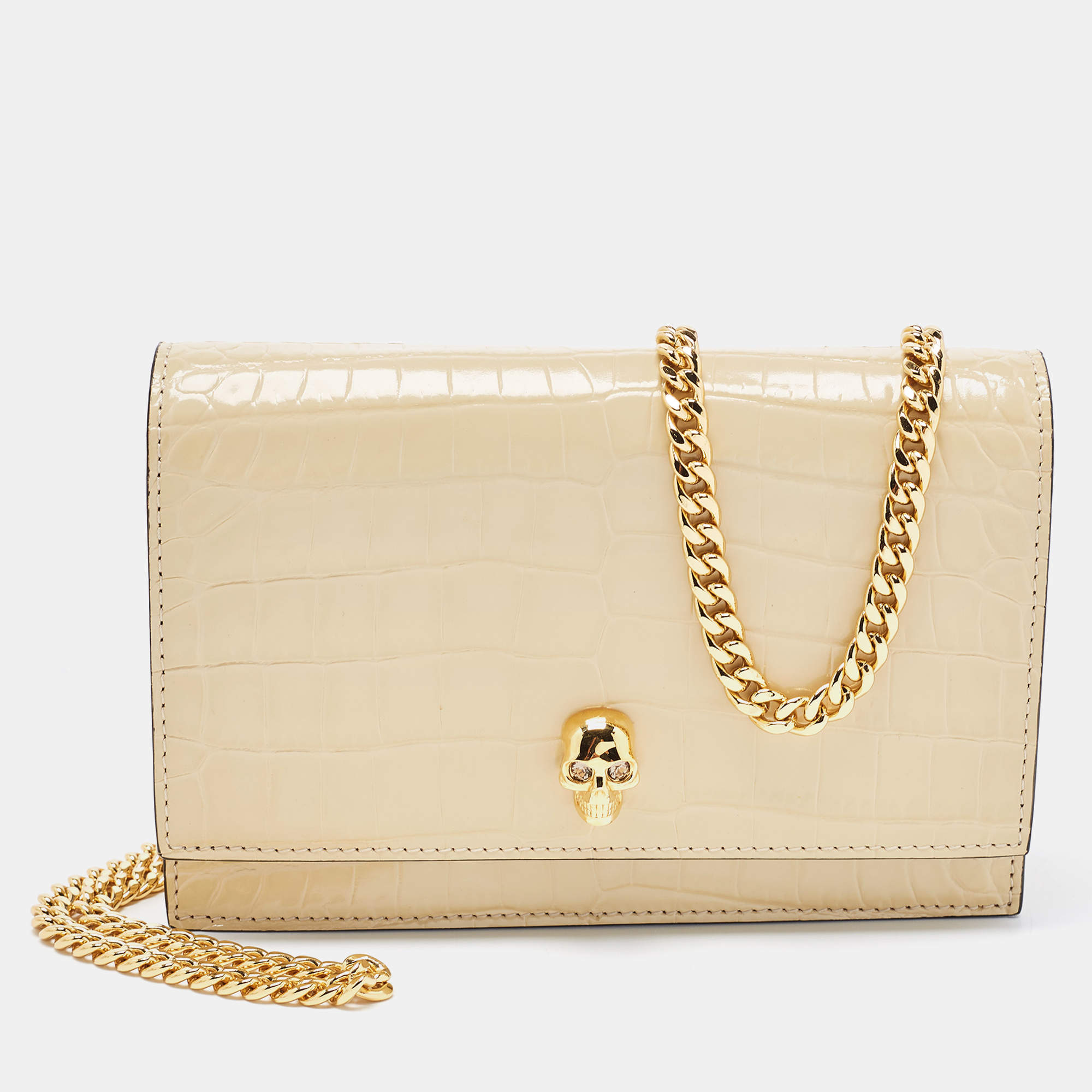 Pre Owned Alexander McQueen Beige Croc Embossed Leather Small Skull Shoulder Bag