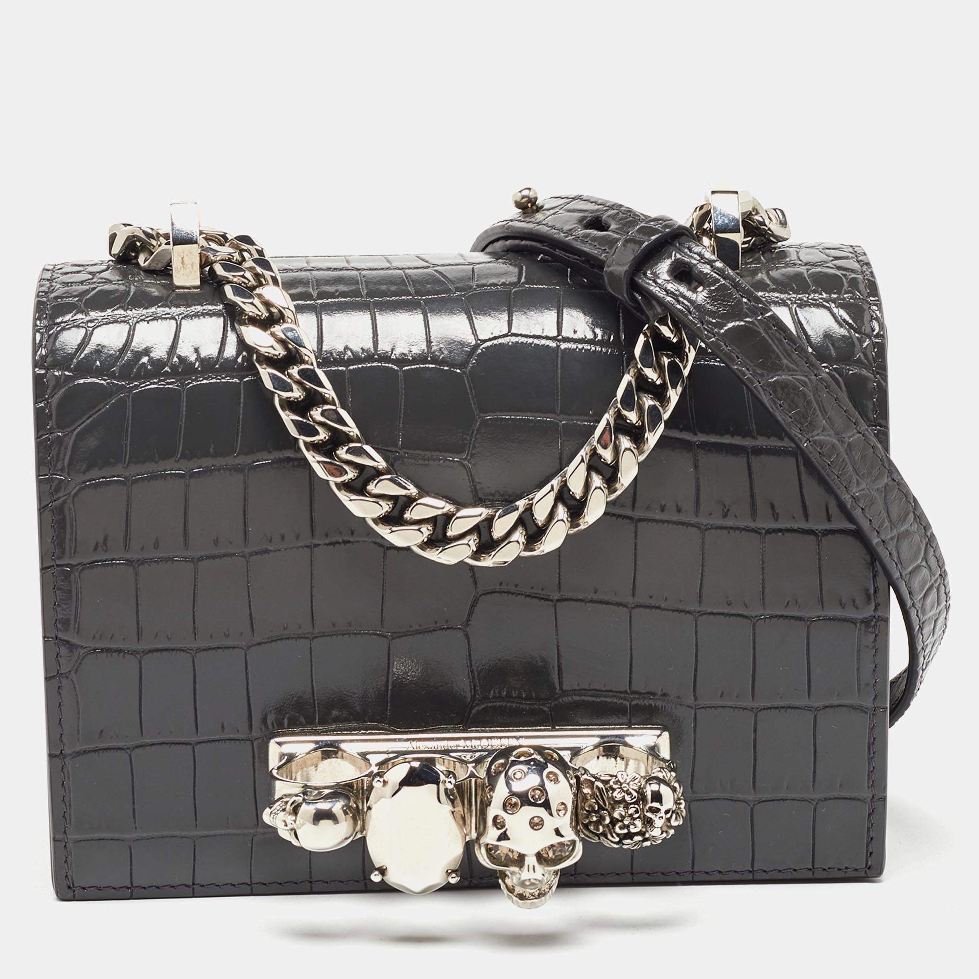 Pre Owned Alexander McQueen Grey Croc Embossed Leather Jewelled Shoulder Bag