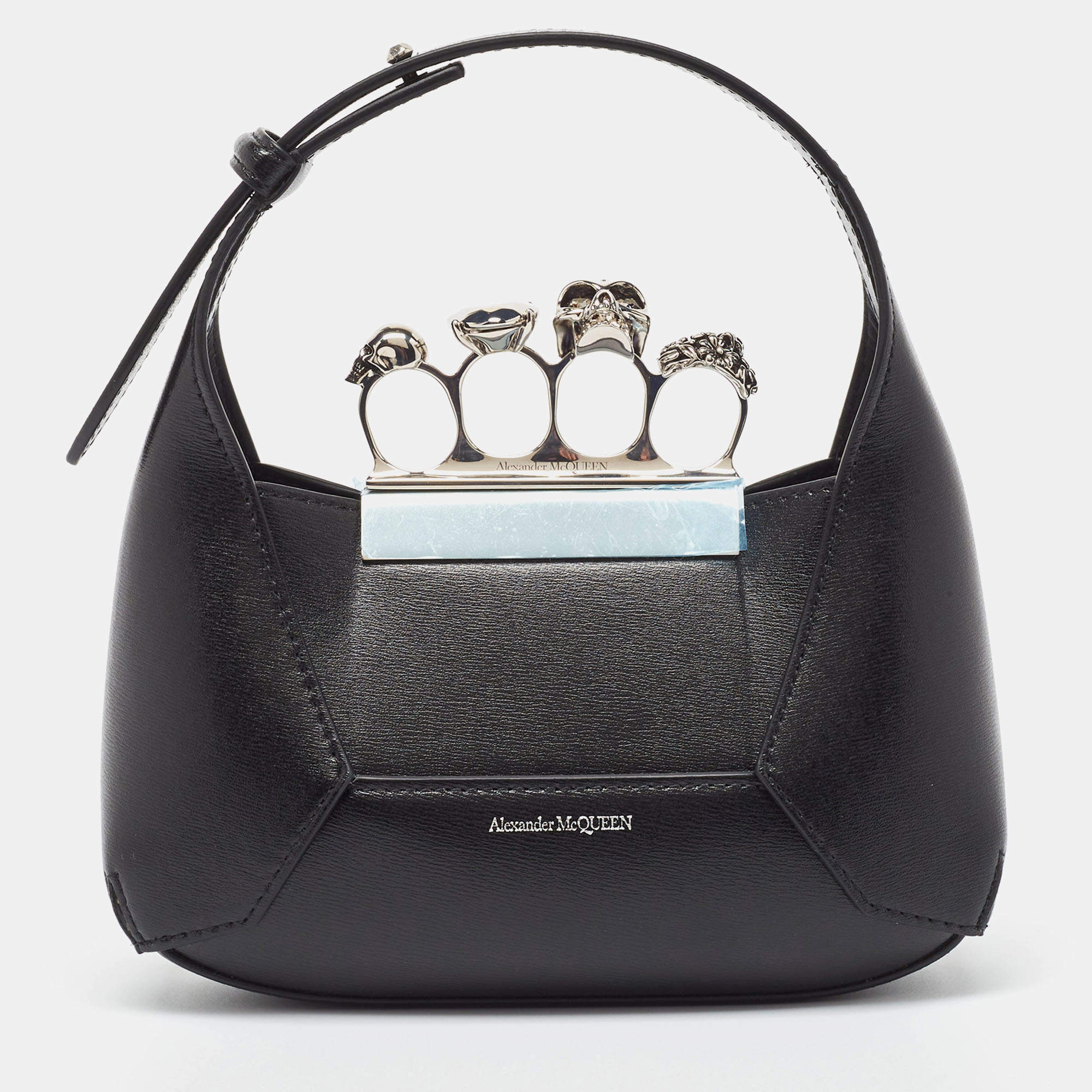 Pre Owned Alexander McQueen Black Leather Mini Jeweled Hobo