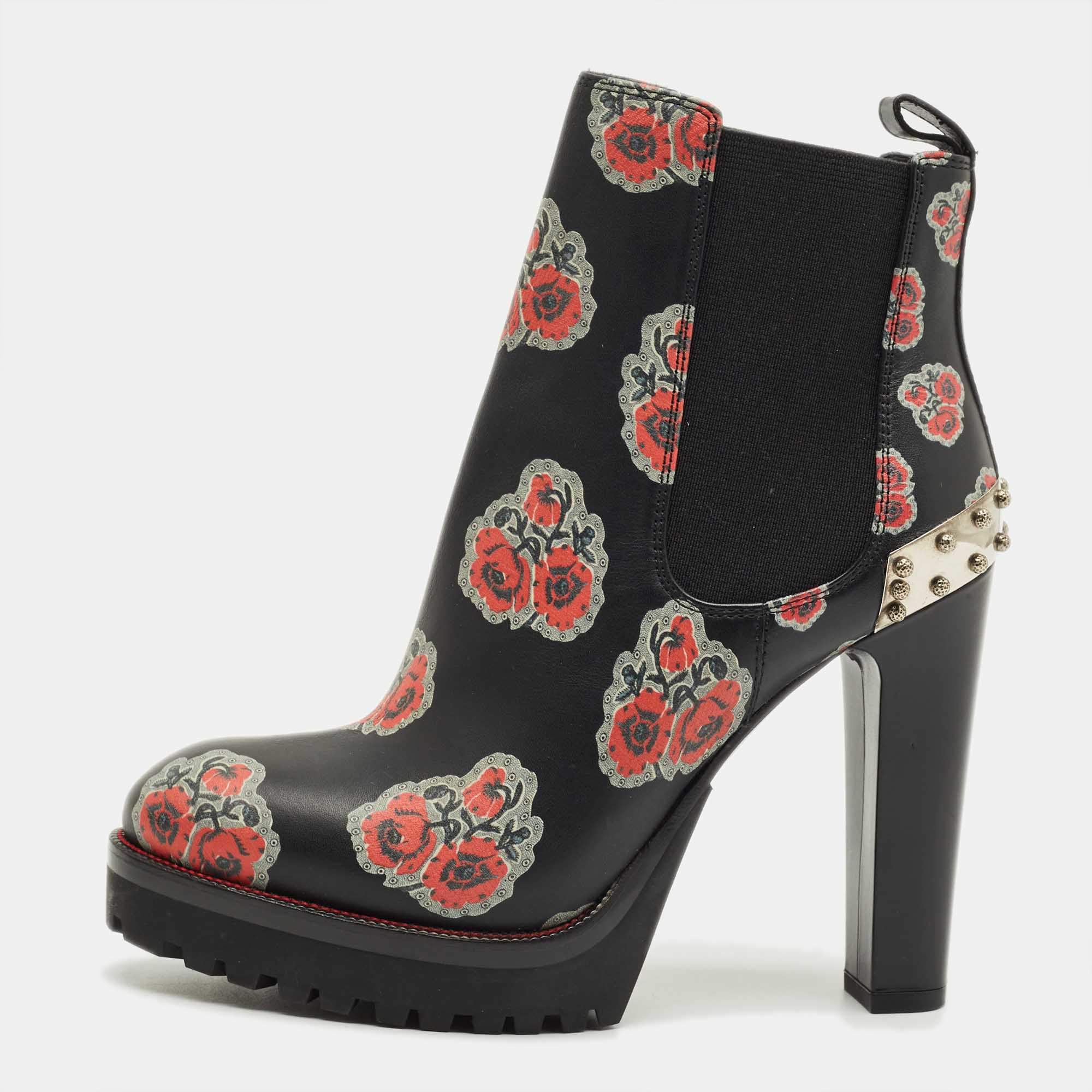 Pre Owned Alexander McQueen Black Rose Print Leather Studded Ankle Length Boots Size 36